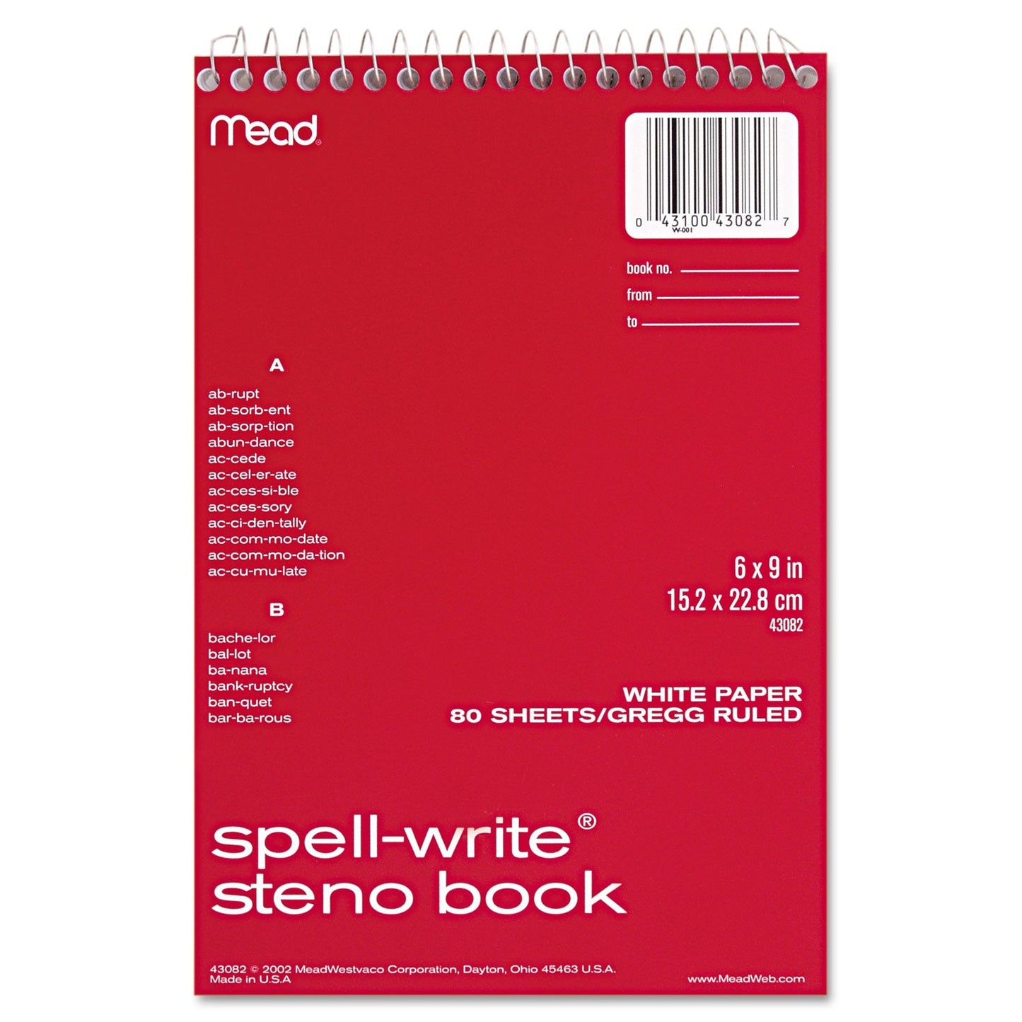 Mead Spell-Write Wirebound Steno Pad, Gregg Rule, Randomly Assorted Cover Colors, 80 White 6 x 9 Sheets
