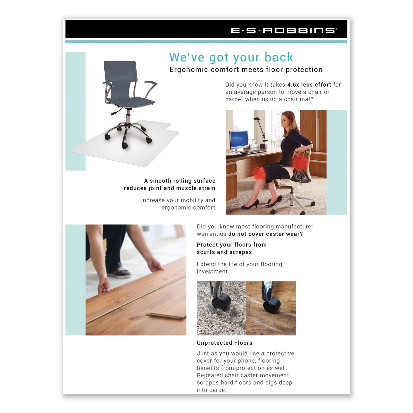 ES Robbins EverLife Light Use Chair Mat for Flat to Low Pile Carpet, Rectangular, 46" x 60", Clear