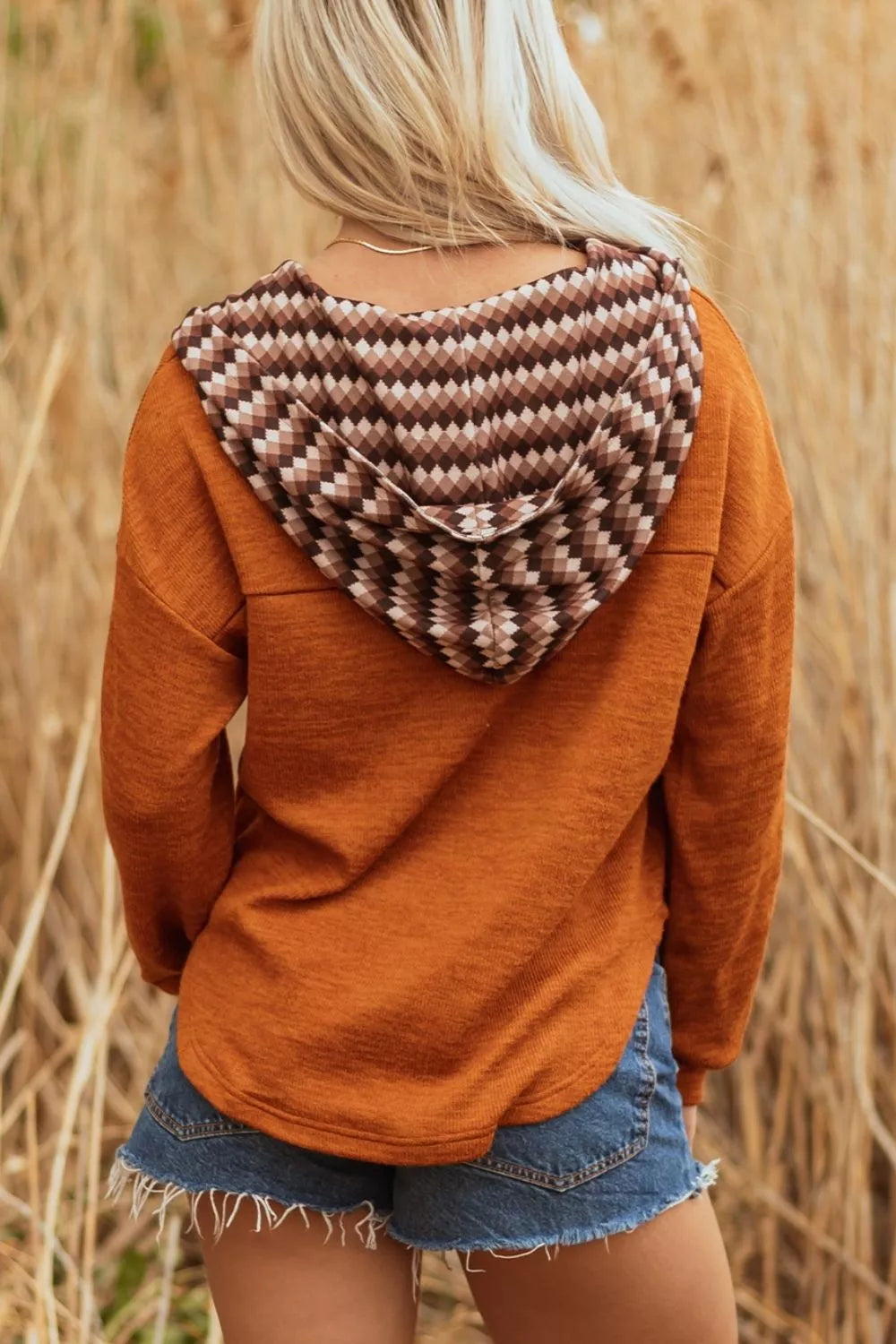 Casual Long Sleeve Henley Hooded Top
