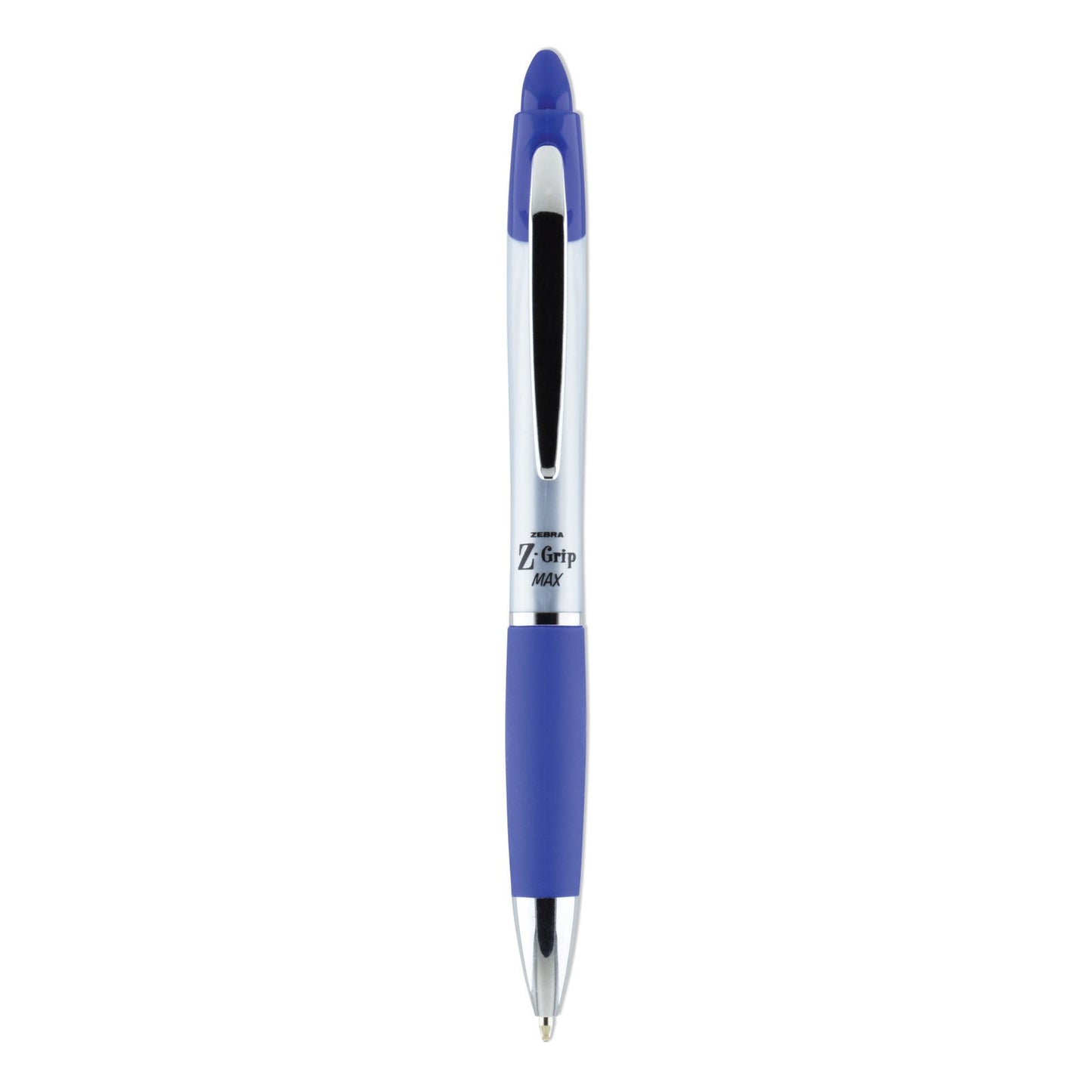 Zebra Z-Grip MAX Ballpoint Pen, Retractable, Medium 1 mm, Blue Ink, Silver Barrel, 12/Pack