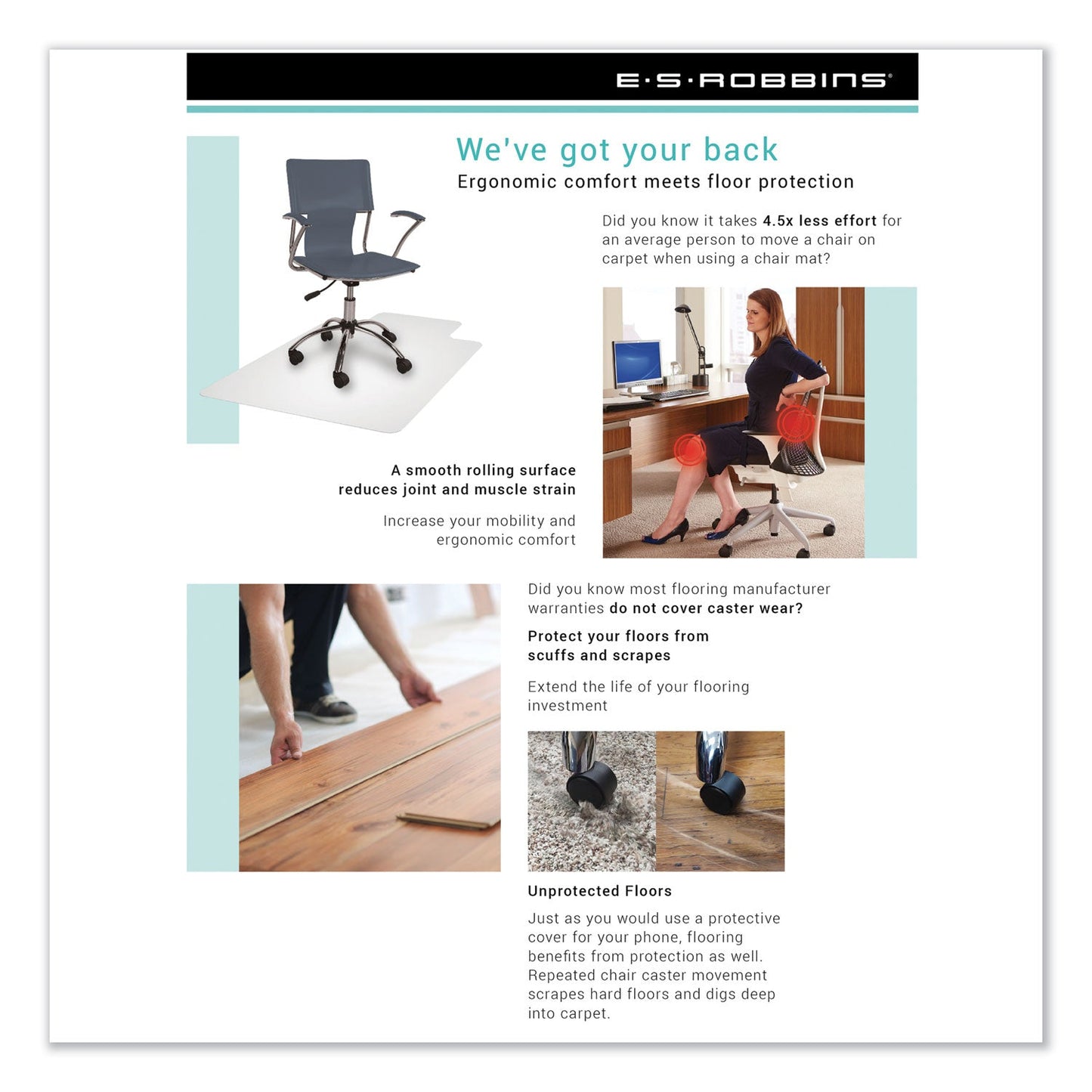 ES Robbins EverLife Moderate Use Chair Mat for Low Pile Carpet, Rectangular, 46" x 60", Clear