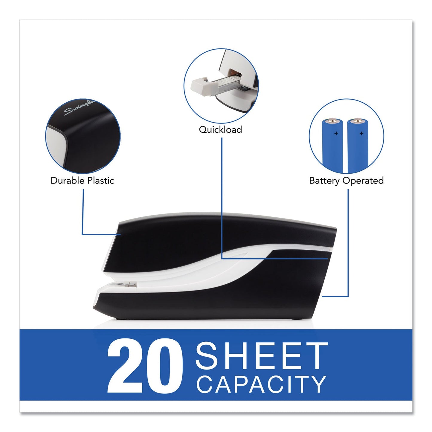 Swingline Breeze Automatic Stapler, 20-Sheet Capacity, Black