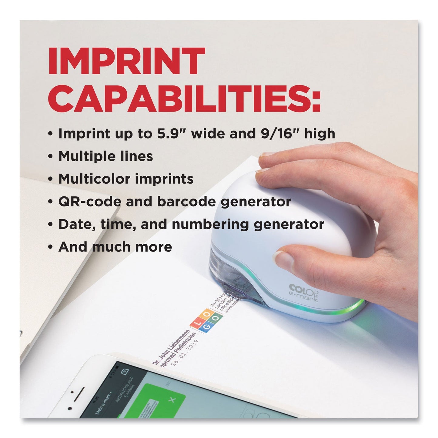 Colop Digital Marking Device, Customizable Size and Message with Images, White