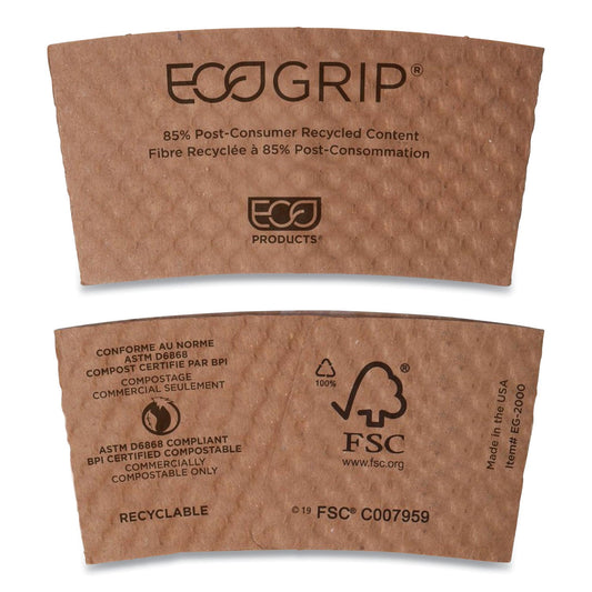 Eco-Products EcoGrip Hot Cup Sleeves - Renewable and Compostable, Fits 12, 16, 20, 24 oz Cups, Kraft, 1,300/Carton