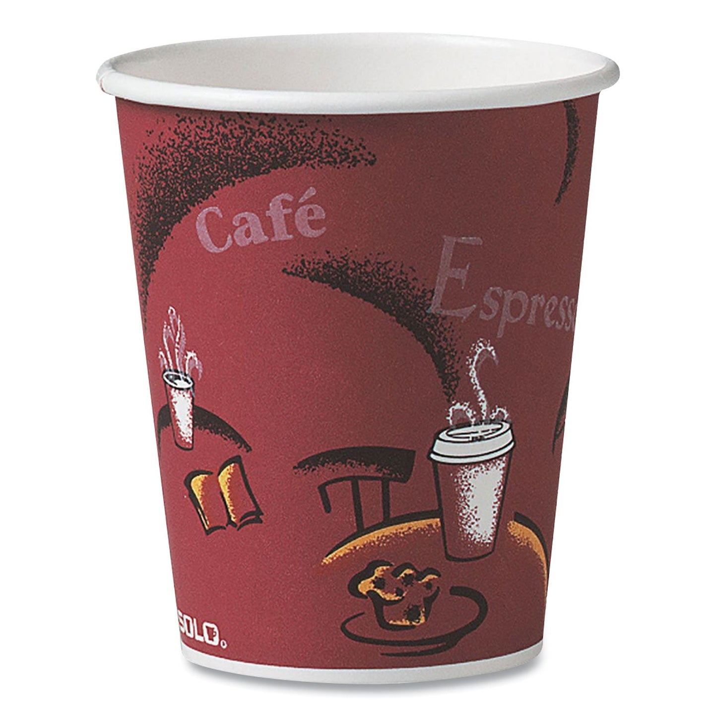 Dart Solo Paper Hot Drink Cups in Bistro Design, 10 oz, Maroon, 1,000/Carton