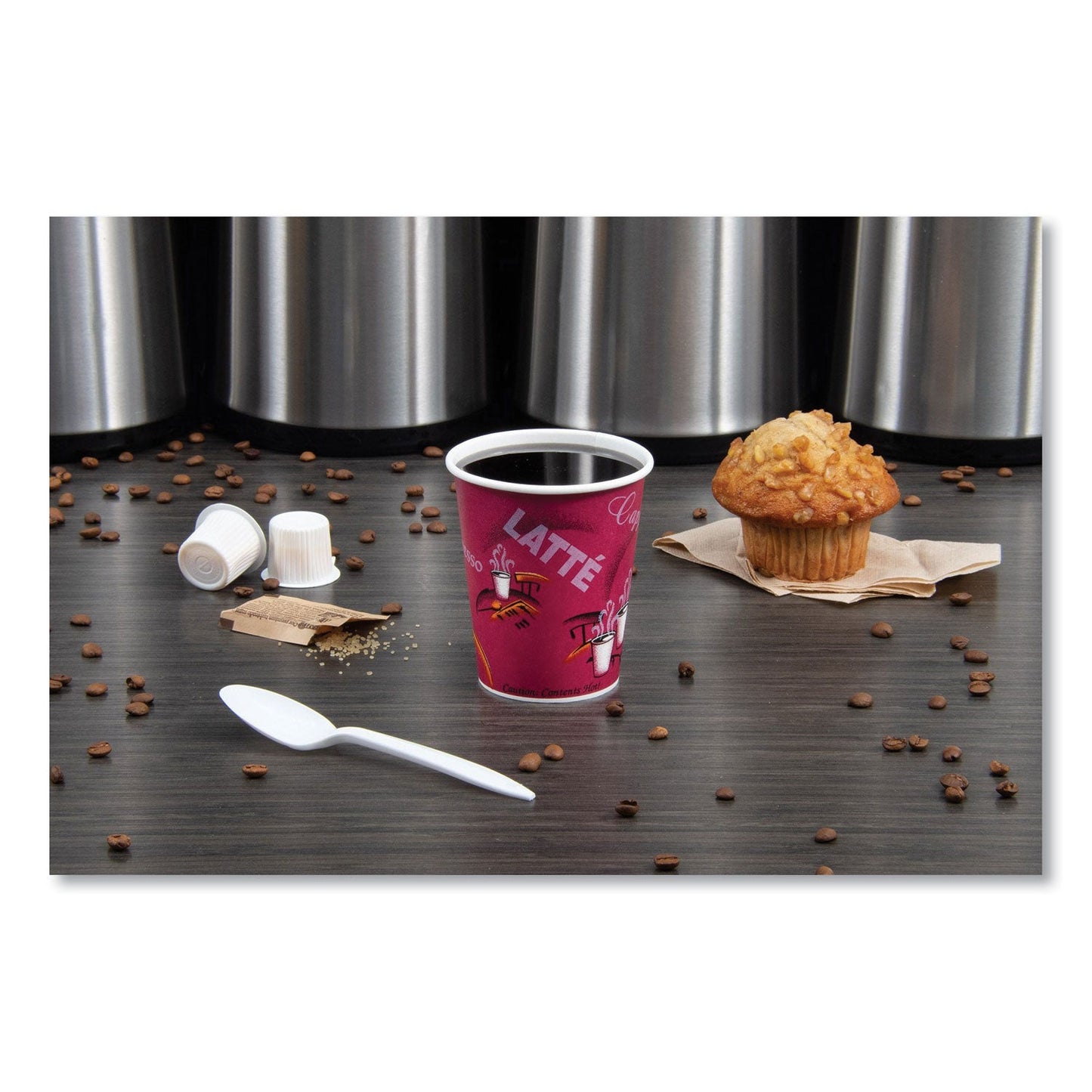 Dart Solo Paper Hot Drink Cups in Bistro Design, 10 oz, Maroon, 50/Pack