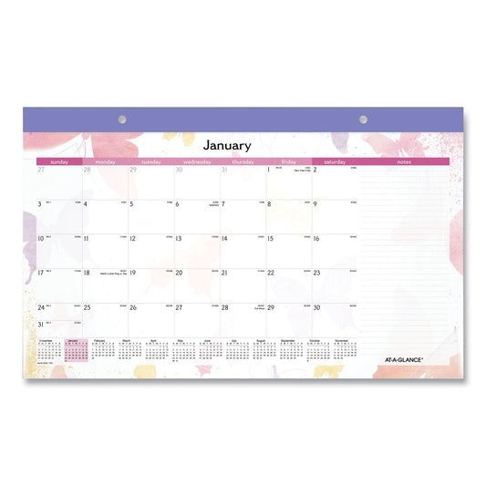 AT-A-GLANCE Watercolors Monthly Desk Pad Calendar, Watercolor Artwork, 17.75 x 11, Purple Binding/Clear Corners, 12-Month (Jan-Dec): 2023