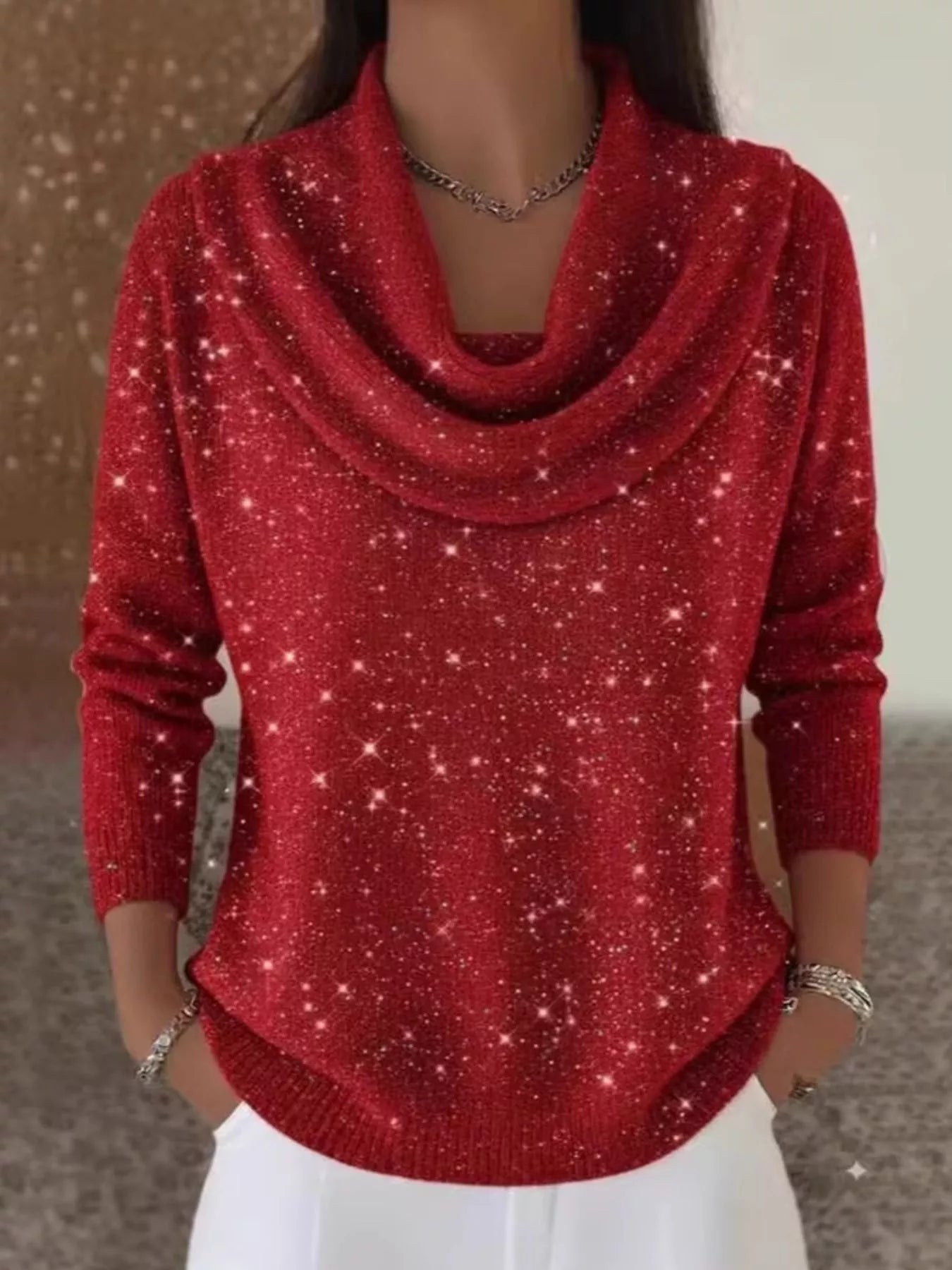 Full Size Glitter Cowl Neck Long Sleeve Sweater Plus Size
