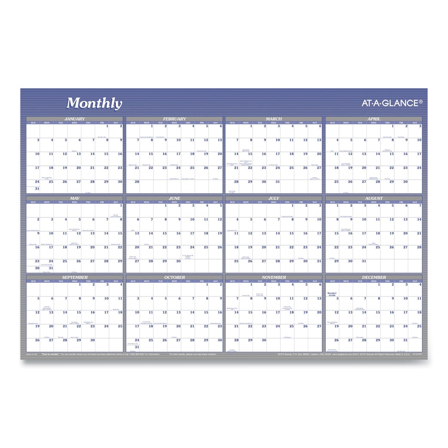 AT-A-GLANCE Vertical/Horizontal Erasable Quarterly/Monthly Wall Planner, 24 x 36, White/Blue Sheets, 12-Month (Jan to Dec): 2023
