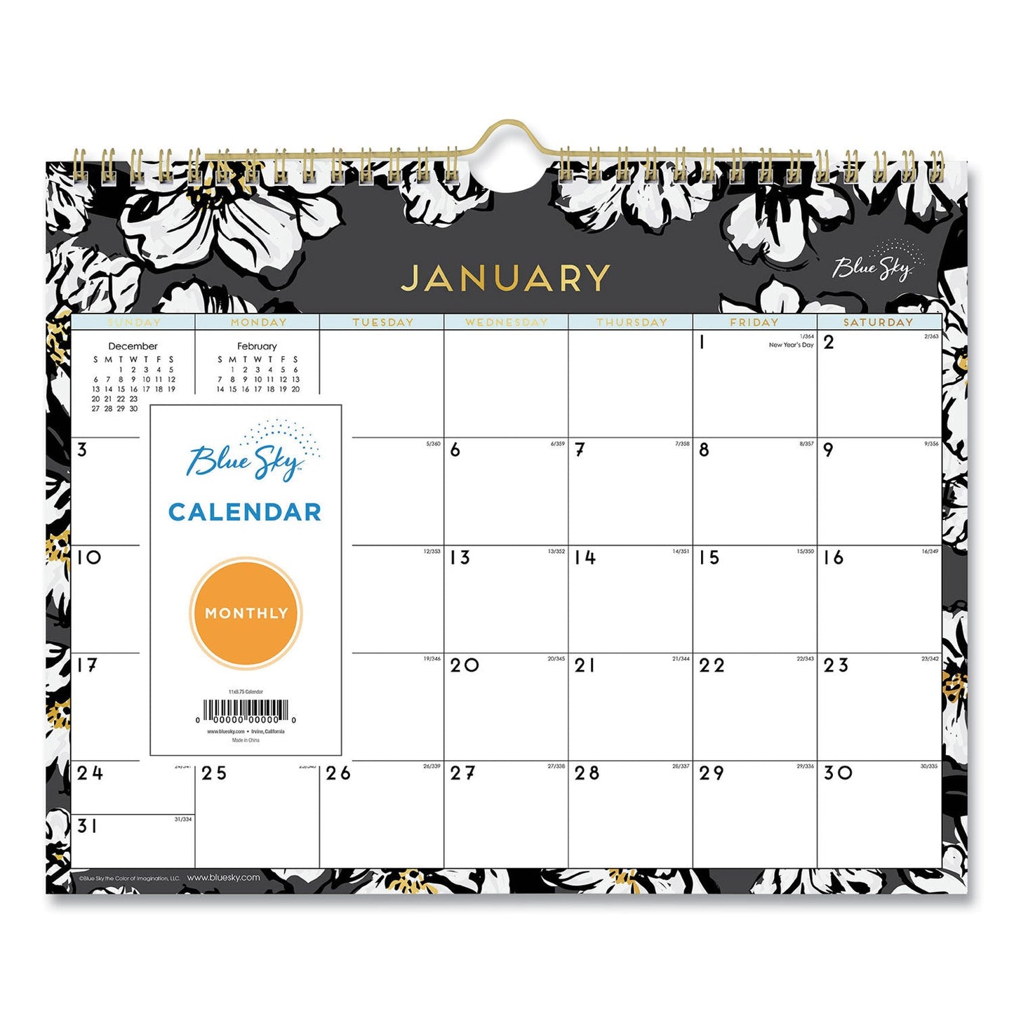 Blue Sky Baccara Dark Wall Calendar, Baccara Dark Floral Artwork, 11 x 8.75, White/Black Sheets, 12-Month (Jan to Dec): 2023