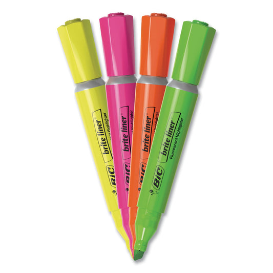 BIC Brite Liner Tank-Style Highlighter, Assorted Ink Colors, Chisel Tip, Assorted Barrel Colors, 4/Set