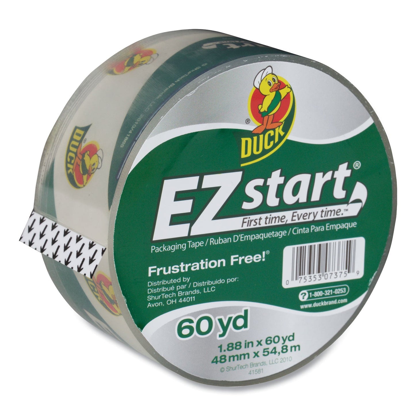 Duck EZ Start Premium Packaging Tape, 3" Core, 1.88" x 60 yds, Clear