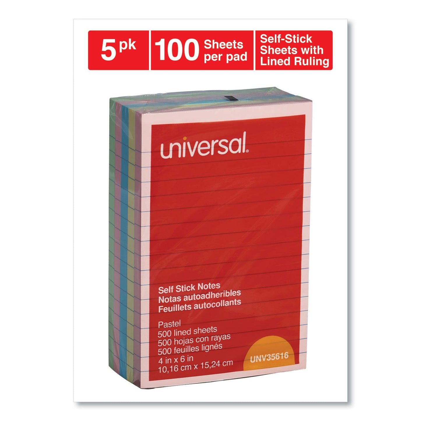 Universal Self-Stick Note Pads, Note Ruled, 4" x 6", Assorted Pastel Colors, 100 Sheets/Pad, 5 Pads/Pack