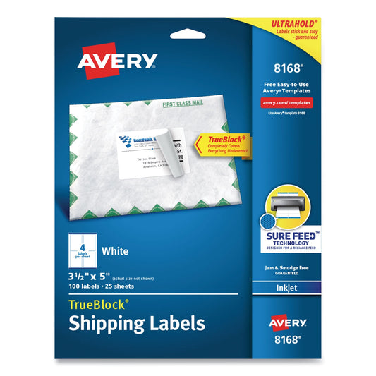 Avery Shipping Labels w/ TrueBlock Technology, Inkjet Printers, 3.5 x 5, White, 4/Sheet, 25 Sheets/Pack