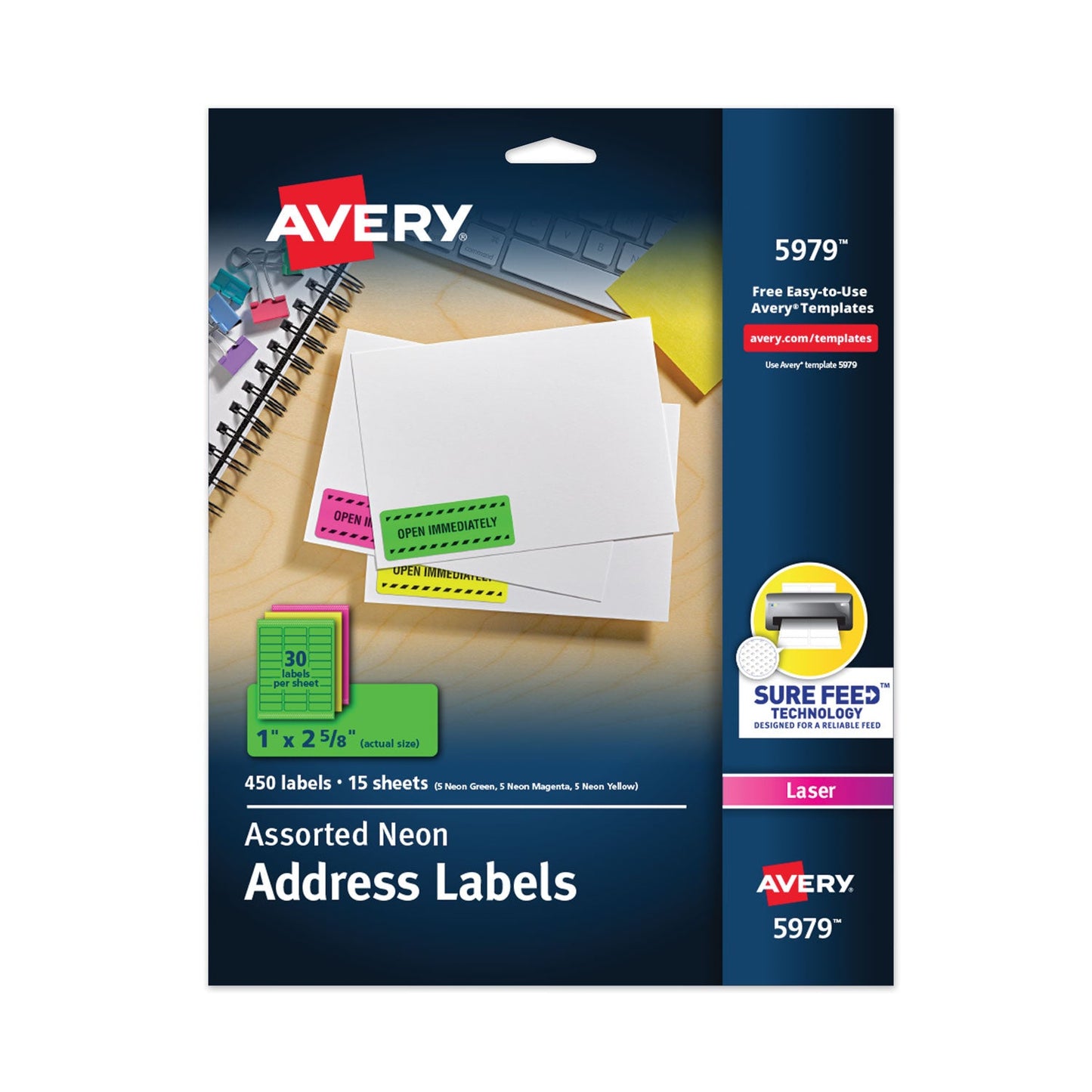 Avery High-Visibility Permanent Laser ID Labels, 1 x 2.63, Asst. Neon, 450/Pack