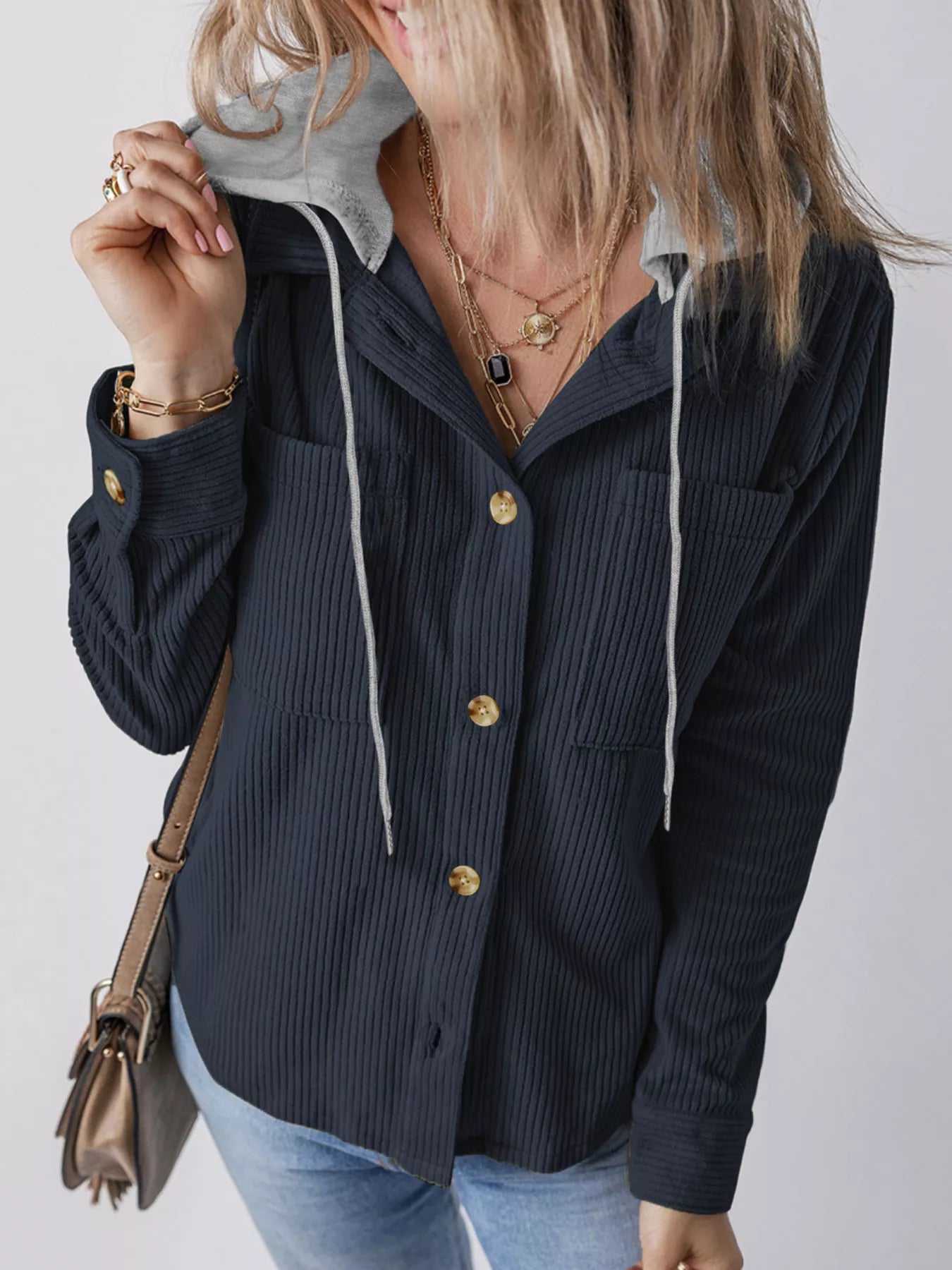Hooded Corduroy Button-Down Jacket