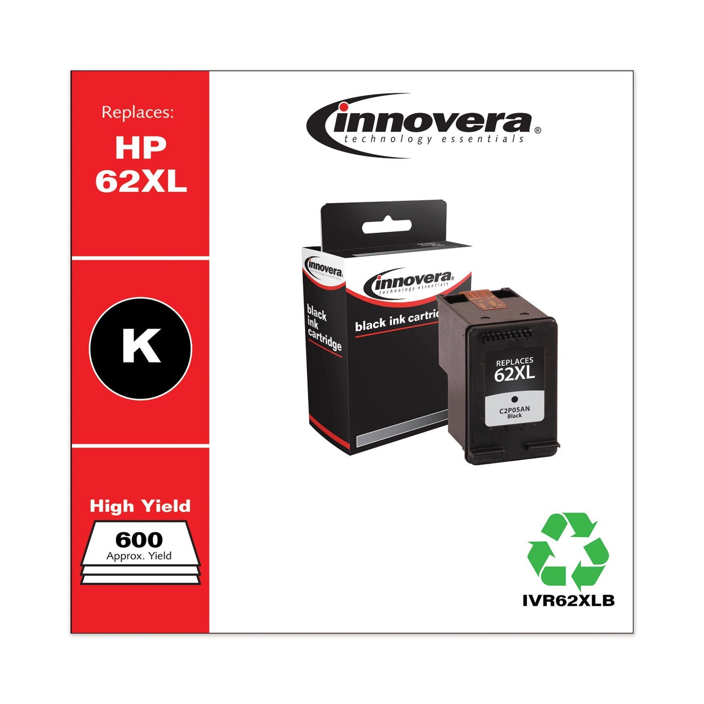 Innovera Remanufactured Black High-Yield Ink, Replacement for 62XL (C2P05AN), 600 Page-Yield
