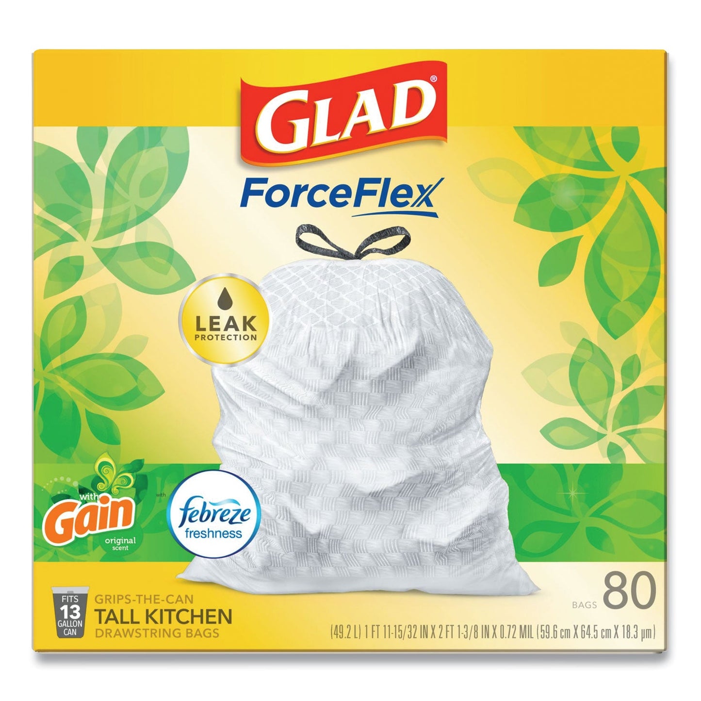 Glad OdorShield Tall Kitchen Drawstring Bags, 13 gal, 0.95 mil, 24" x 27.38", White, 80/Box