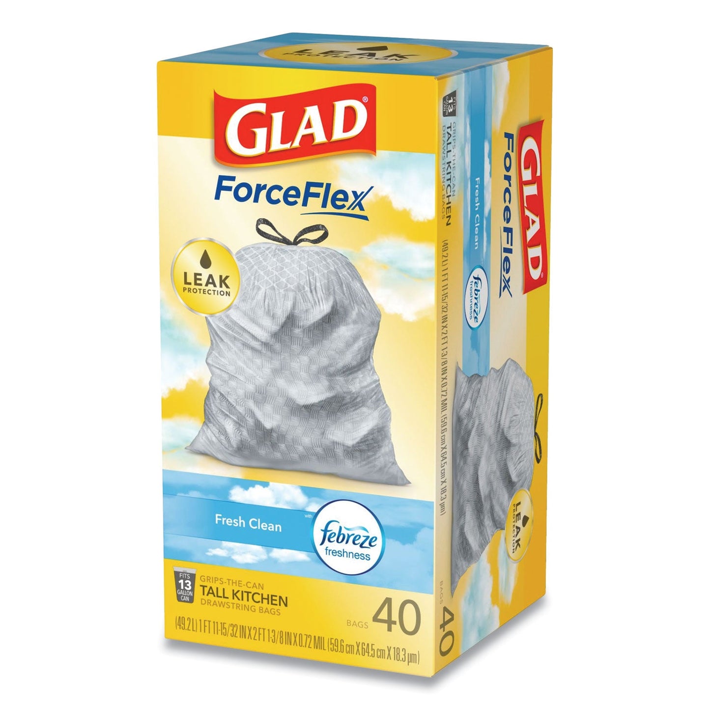 Glad OdorShield Tall Kitchen Drawstring Bags, 13 gal, 0.78 mil, 24" x 27.38", White, 240/Carton