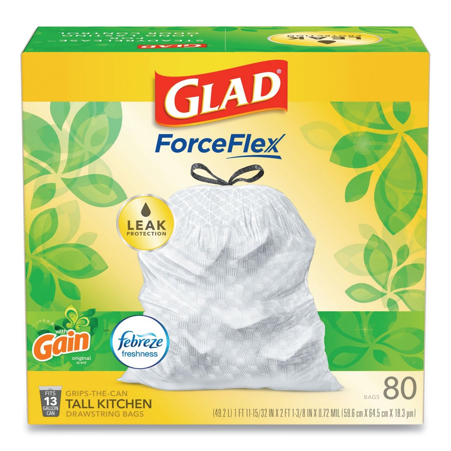 Glad OdorShield Tall Kitchen Drawstring Bags, 13 gal, 0.95 mil, 24" x 27.38", White, 80/Box