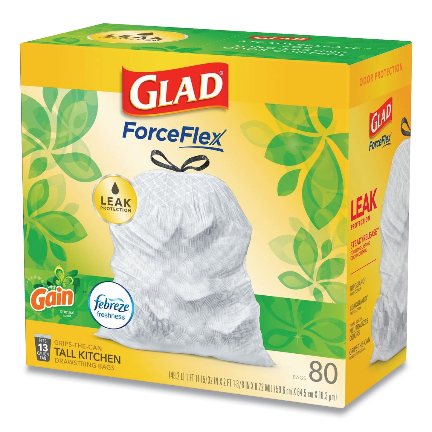 Glad OdorShield Tall Kitchen Drawstring Bags, 13 gal, 0.95 mil, 24" x 27.38", White, 80/Box