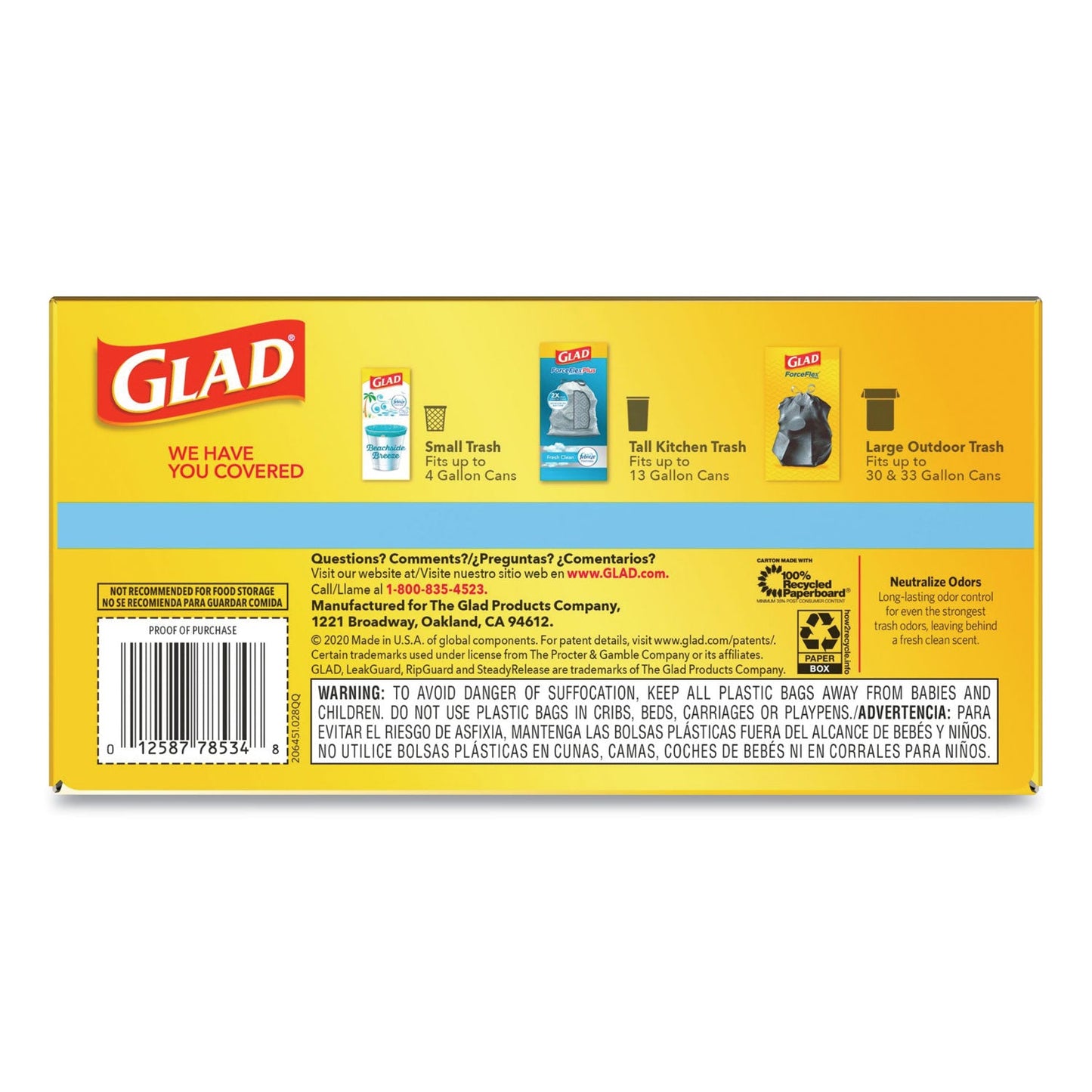 Glad OdorShield Tall Kitchen Drawstring Bags, 13 gal, 0.72 mil, 24" x 27.38", White, 240/Carton