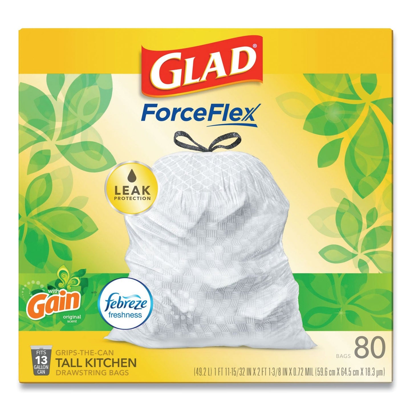 Glad OdorShield Tall Kitchen Drawstring Bags, 13 gal, 0.95 mil, 24" x 27.38", White, 80/Box