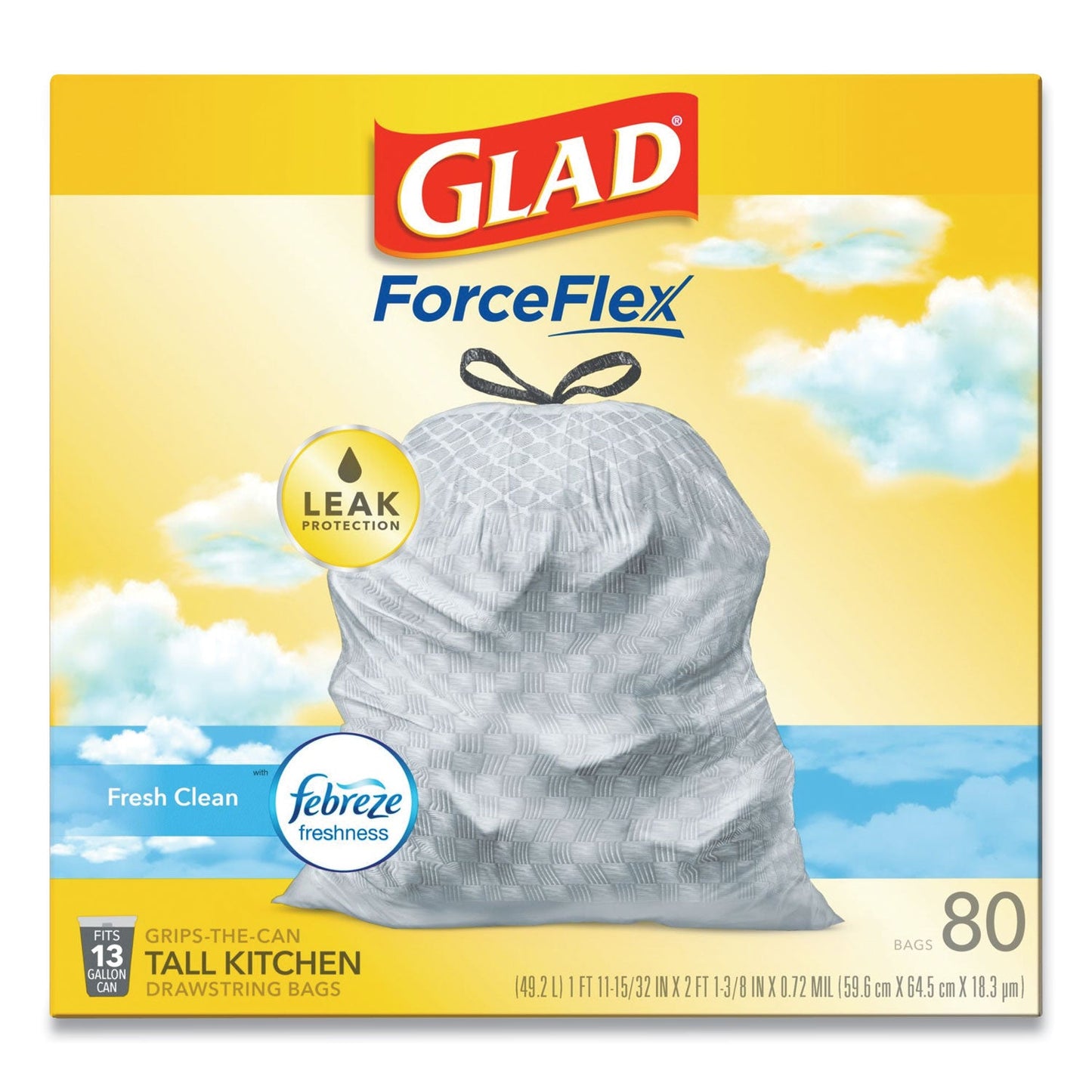 Glad OdorShield Tall Kitchen Drawstring Bags, 13 gal, 0.72 mil, 24" x 27.38", White, 240/Carton