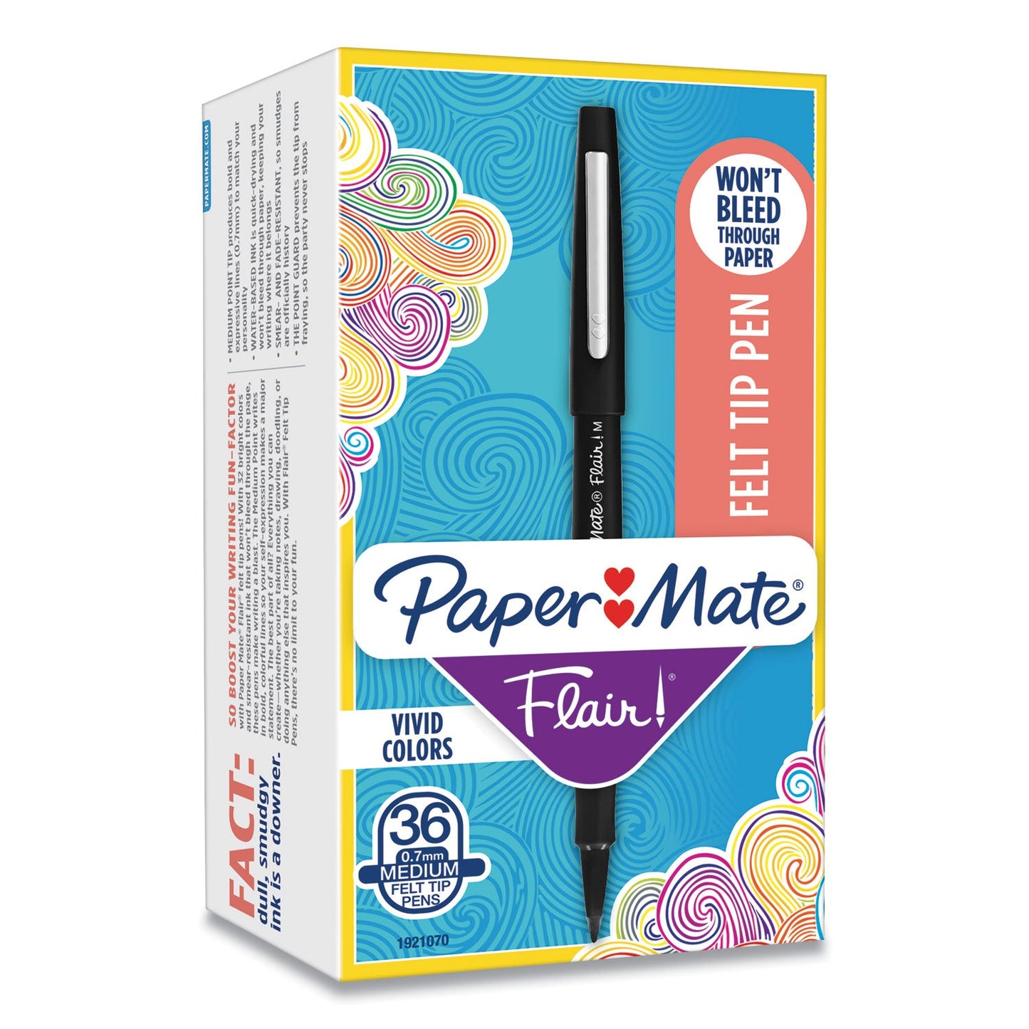 Paper Mate Point Guard Flair Felt Tip Porous Point Pen, Stick, Medium 0.7 mm, Black Ink, Black Barrel, 36/Box