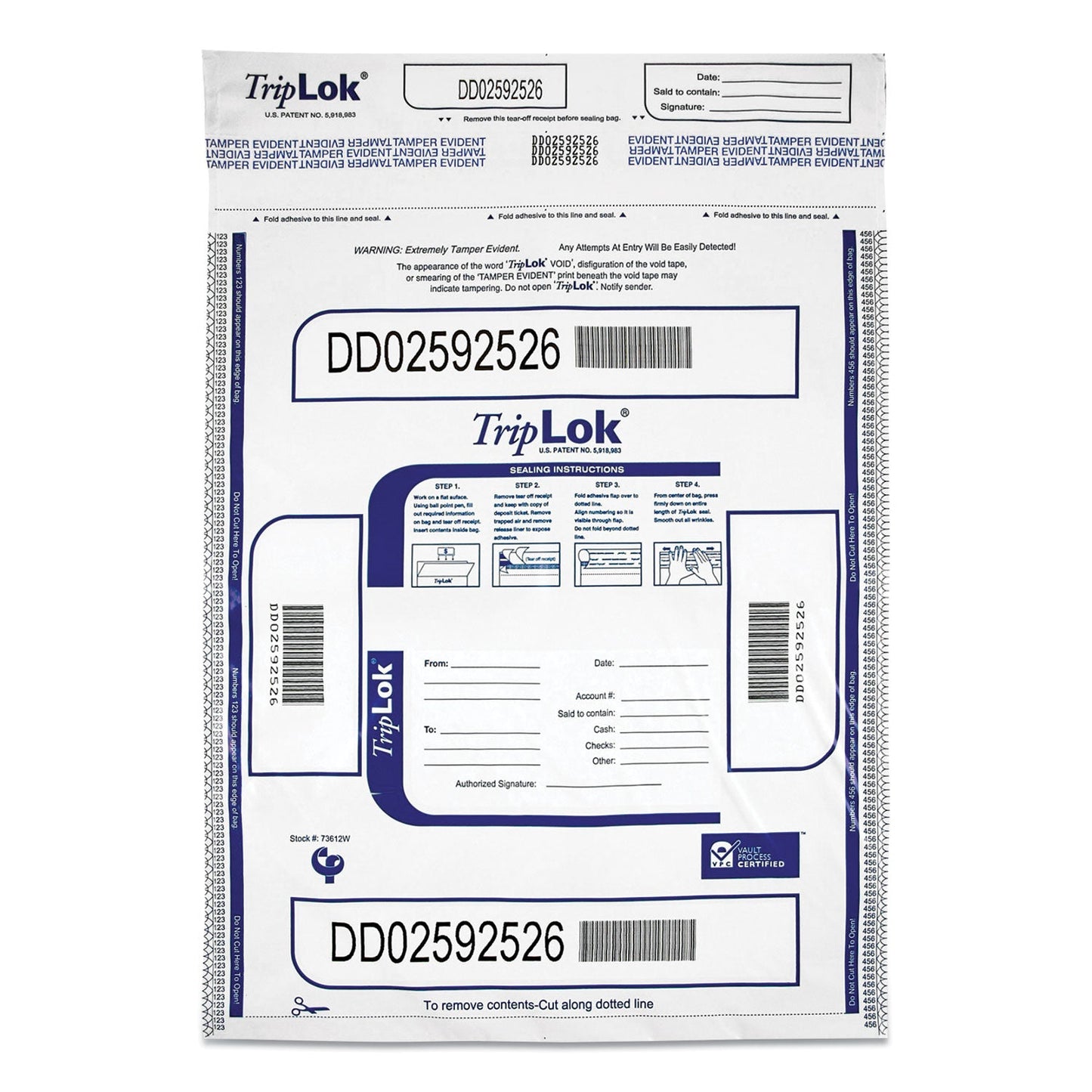 TripLOK Deposit Bag, Plastic, 12 x 16, White, 100/Pack