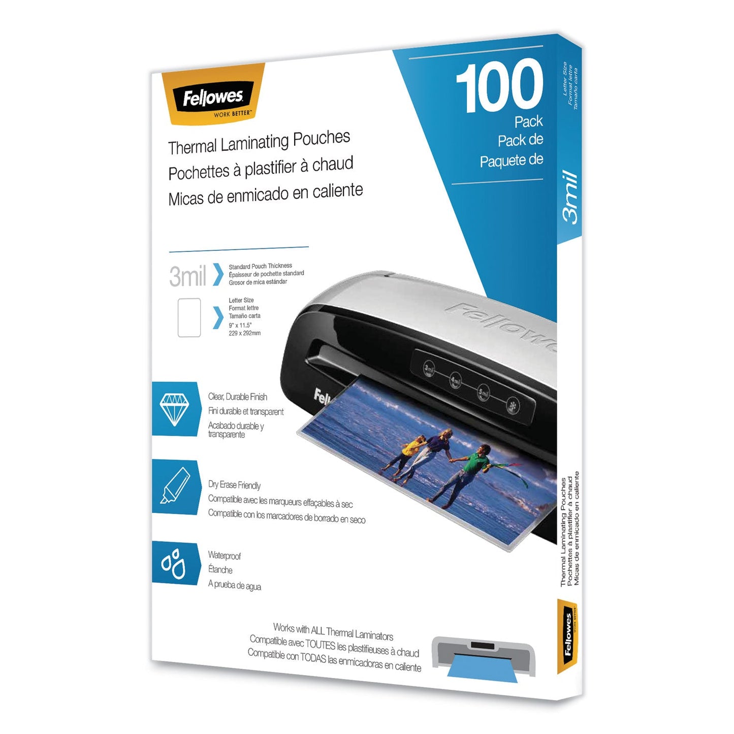 Fellowes Laminating Pouches, 3 mil, 9" x 11.5", Gloss Clear, 100/Pack