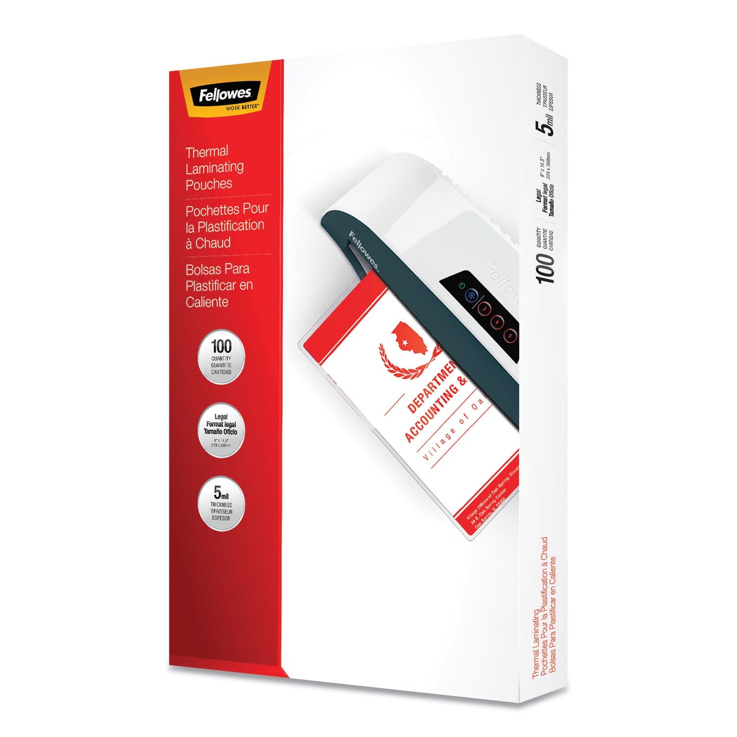 Fellowes Laminating Pouches, 5 mil, 9" x 14.5", Gloss Clear, 100/Pack