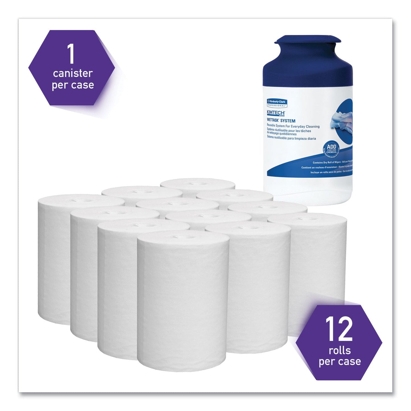 Kimtech WetTask System Prep Wipers for Bleach/Disinfectants/Sanitizers Hygienic Enclosed System Refills, w/Canister, 55/Rl,12 Roll/Ct