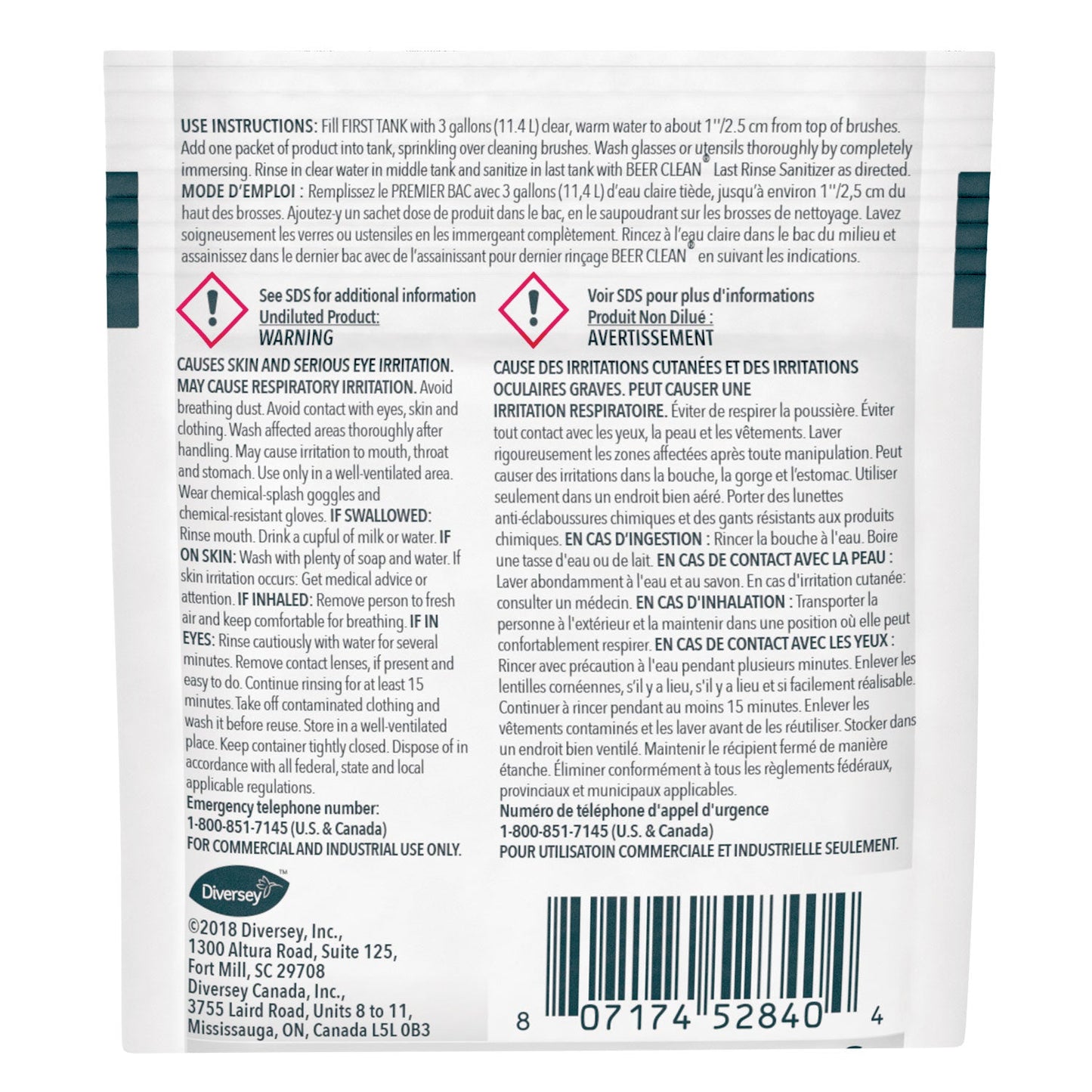 Diversey Beer Clean Glass Cleaner, Powder, 0.5 oz Packet, 100/Carton