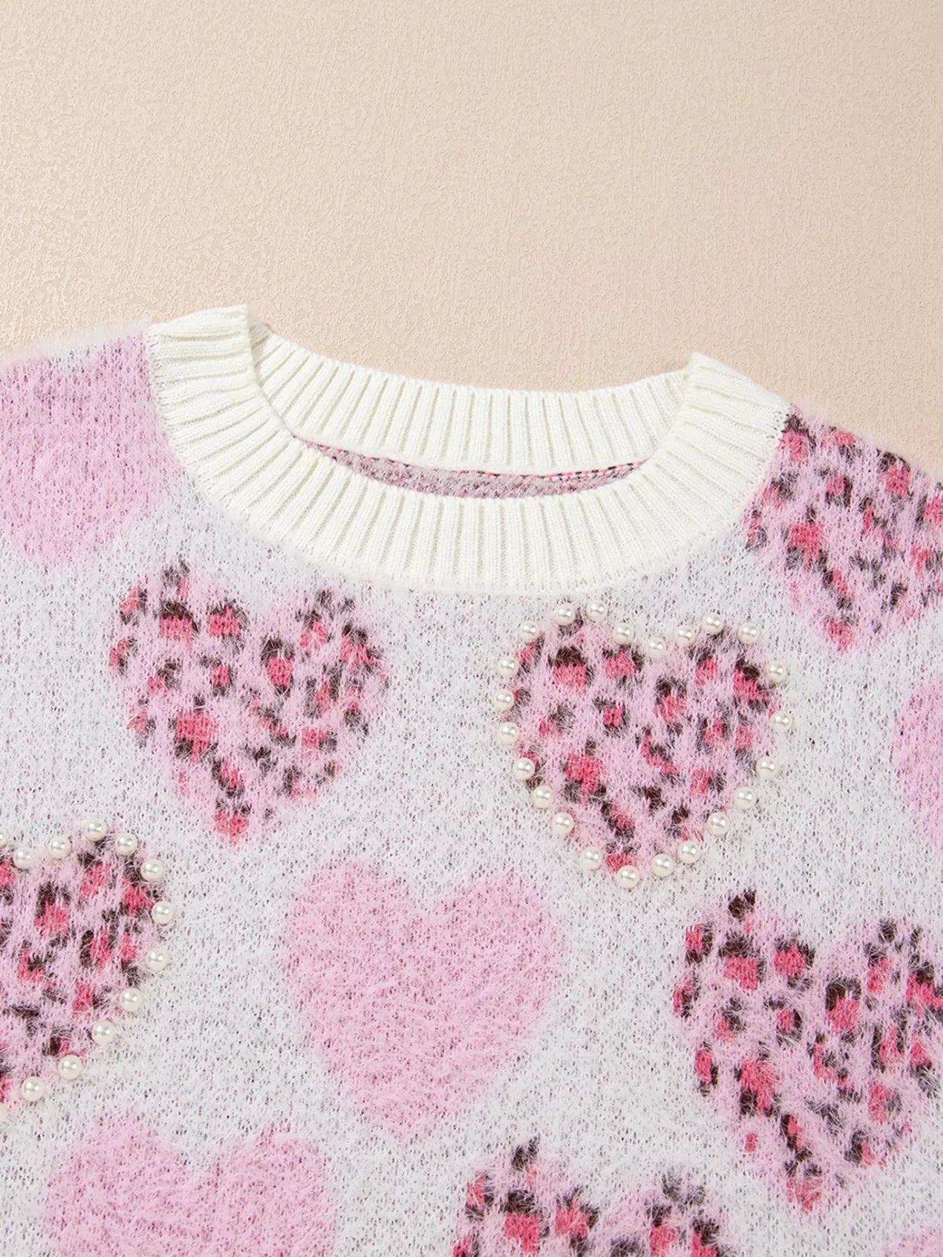 Heart Leopard Pearled Ribbed Trim Fuzzy Sweater