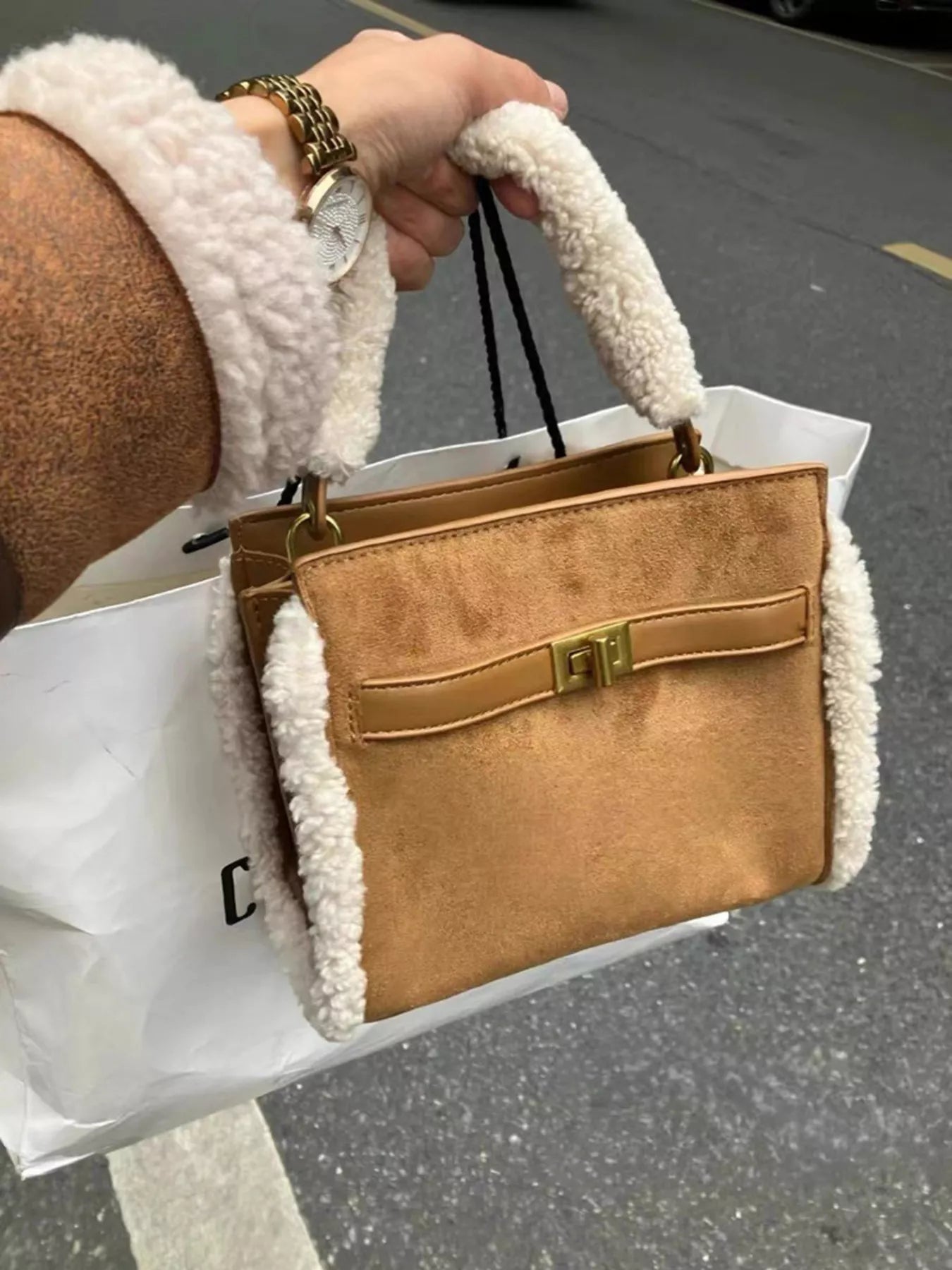 Sherpa Trim Suede Crossbody Bag