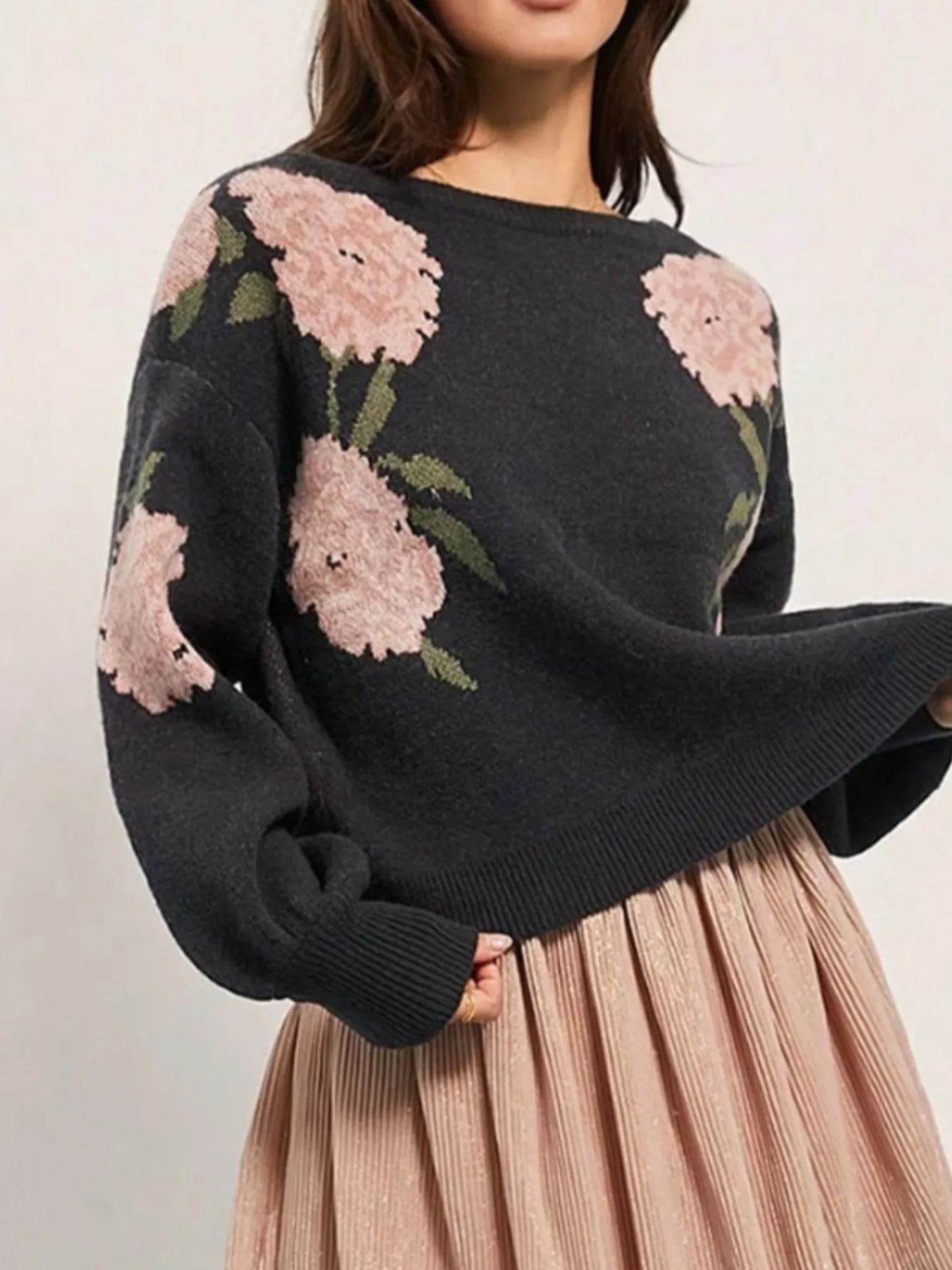 Floral Boat Neck Long Sleeve Sweater