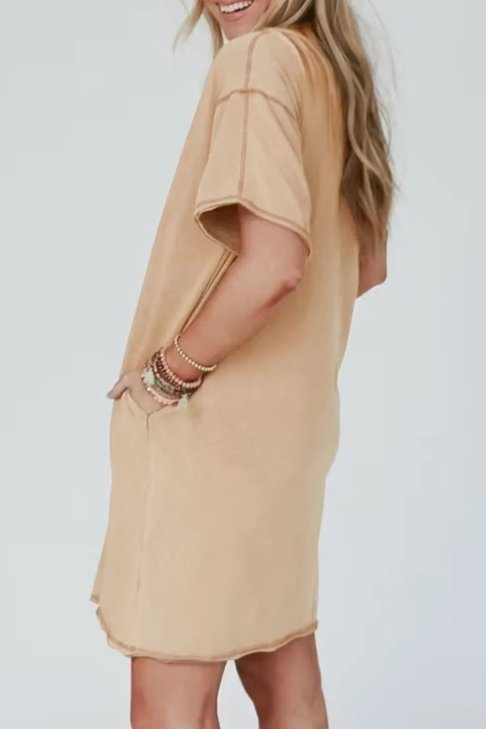 Mineral Wash Stud Beaded Star Pocketed T Shirt Dress