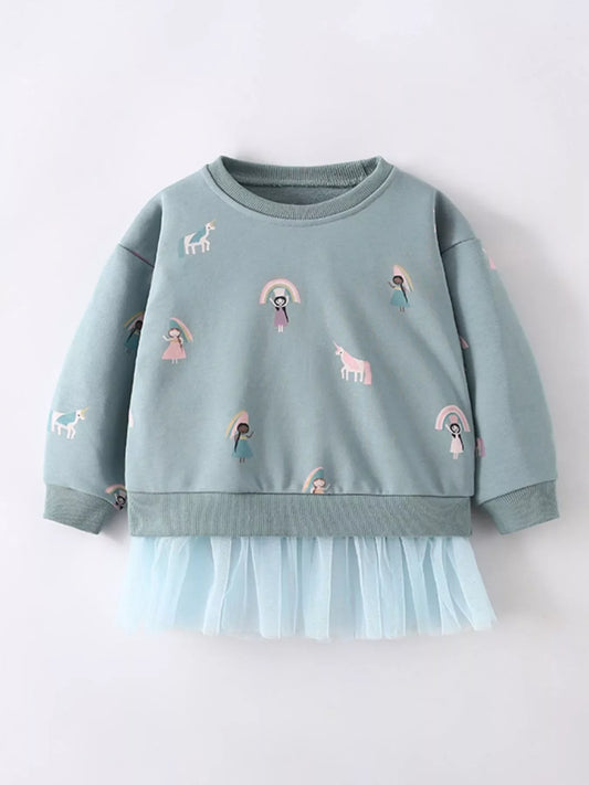 Children's Cute Cartoon Print Sweatshirt with Tulle Hem