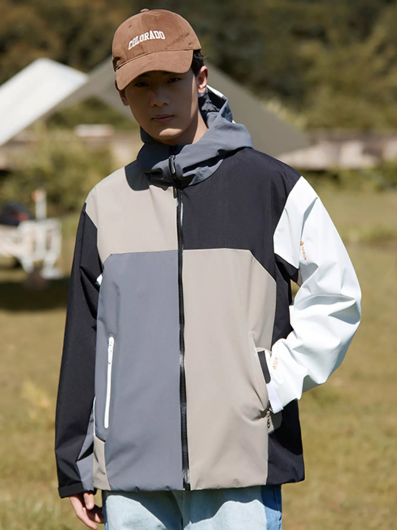 Men's Full Size Color Block Windproof Hooded Jacket Plus Size