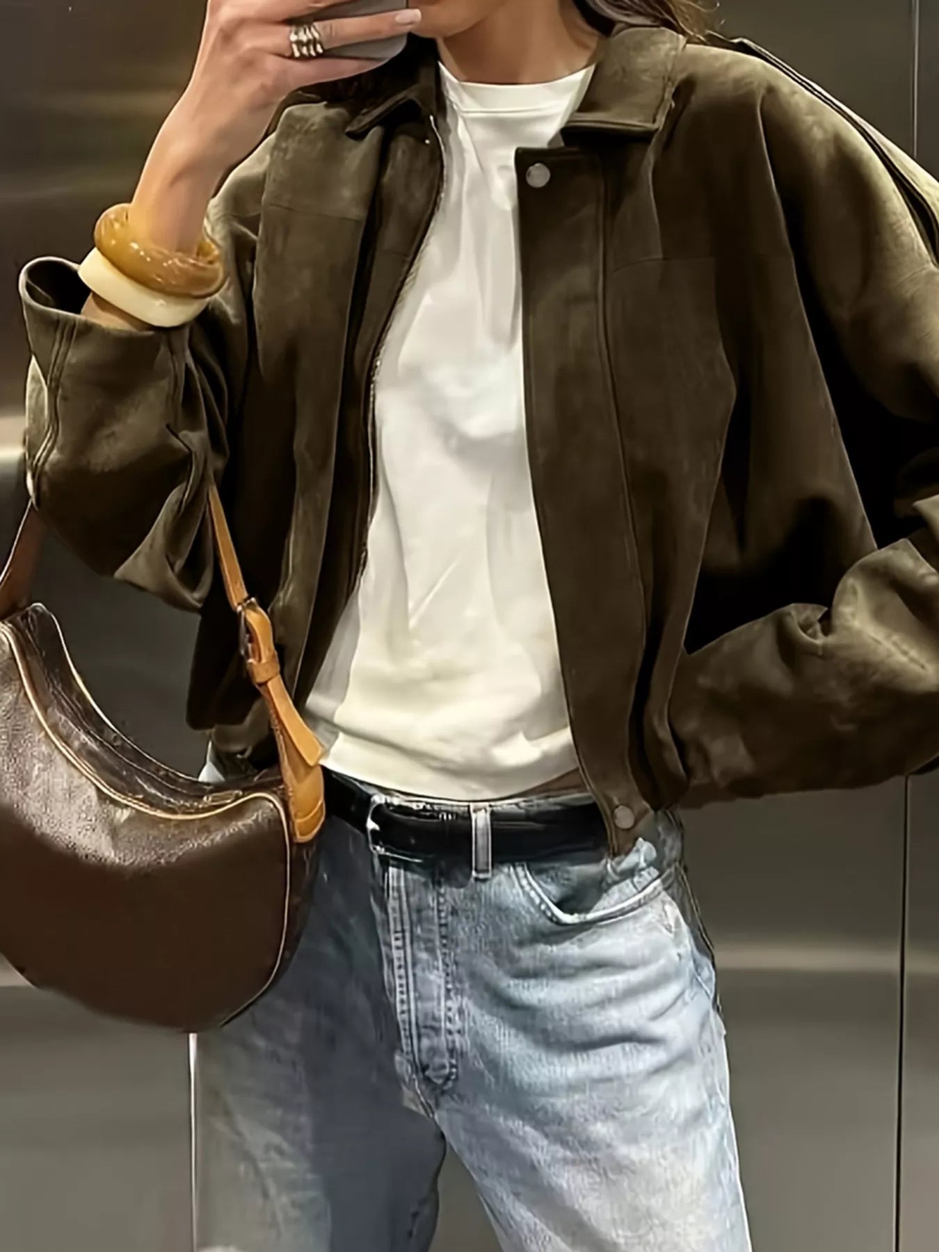 Plus Size Suede Cropped Bomber Jacket