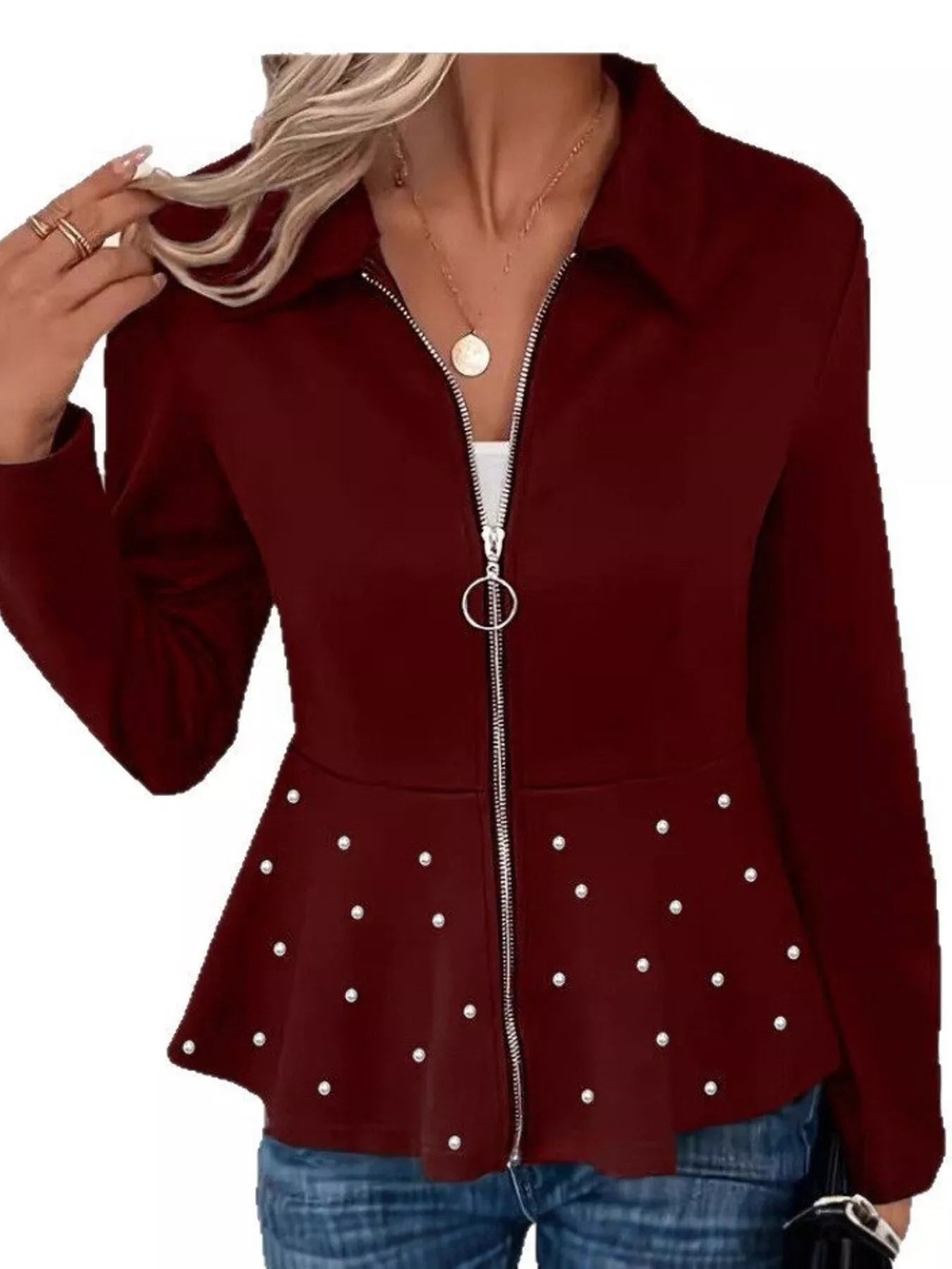Pearl Embellished Zip-Up Peplum Outerwear