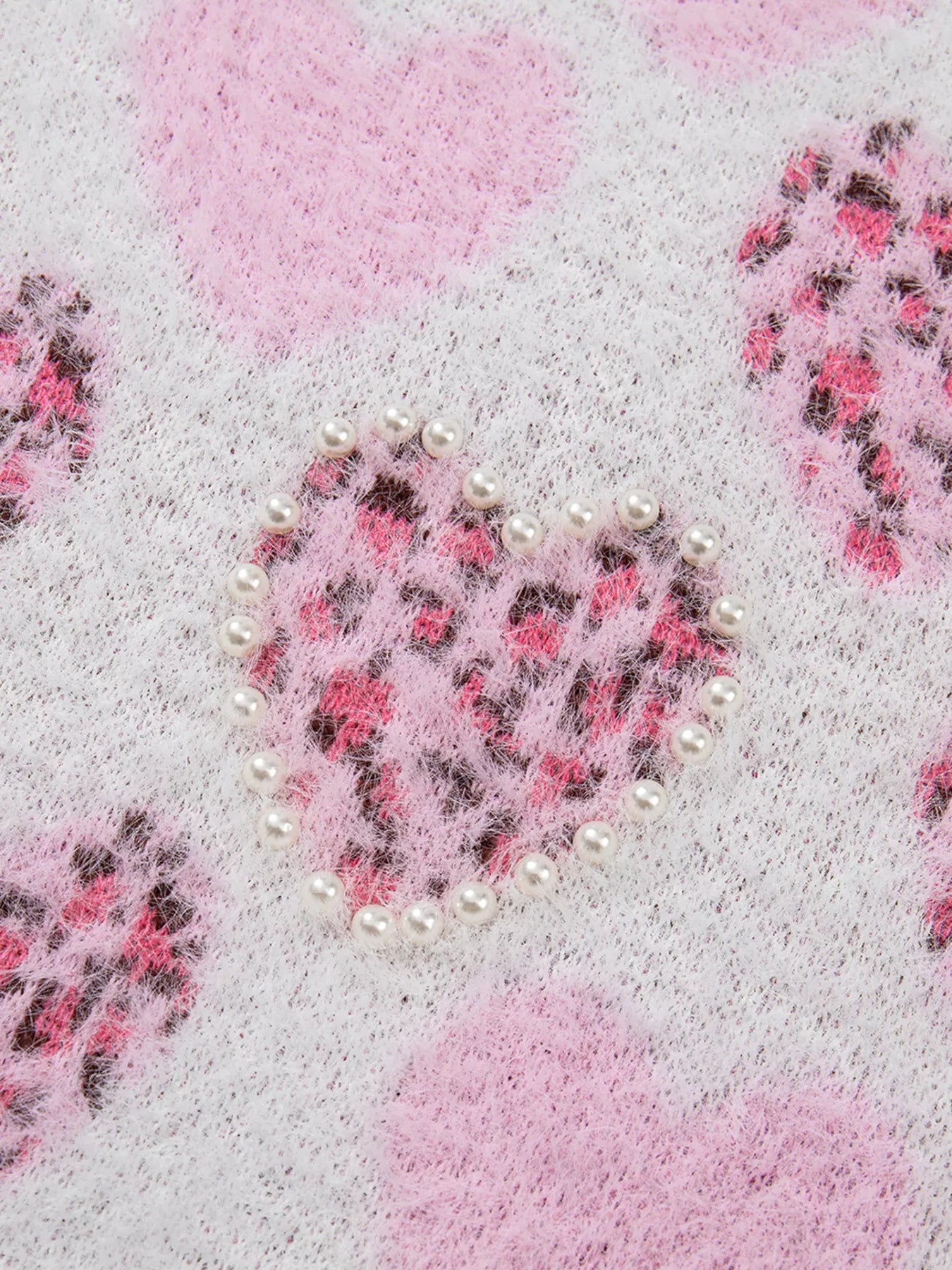 Heart Leopard Pearled Ribbed Trim Fuzzy Sweater