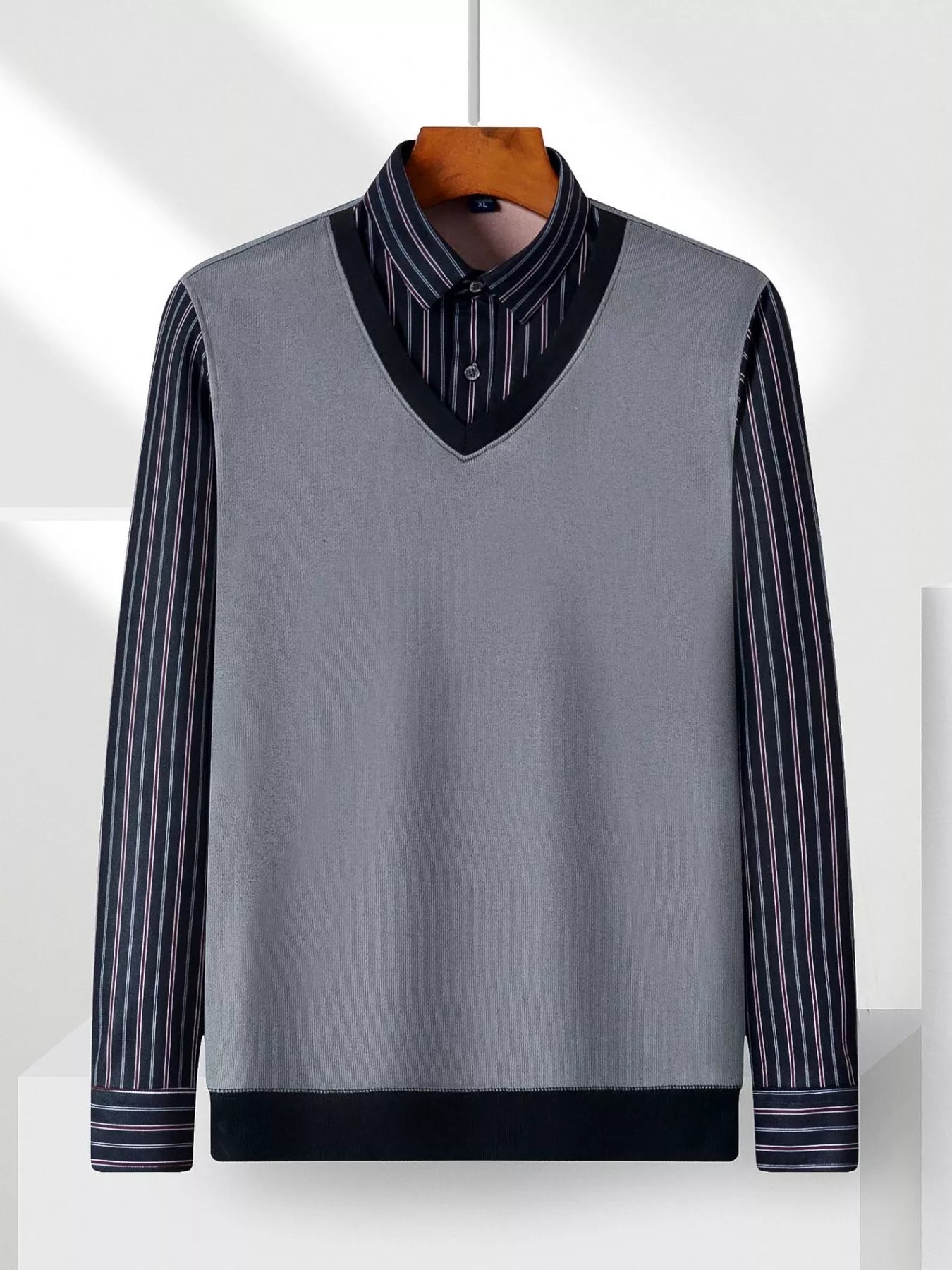 Men's Plus Size Striped Long Sleeve Fake Two-Piece Knit Top