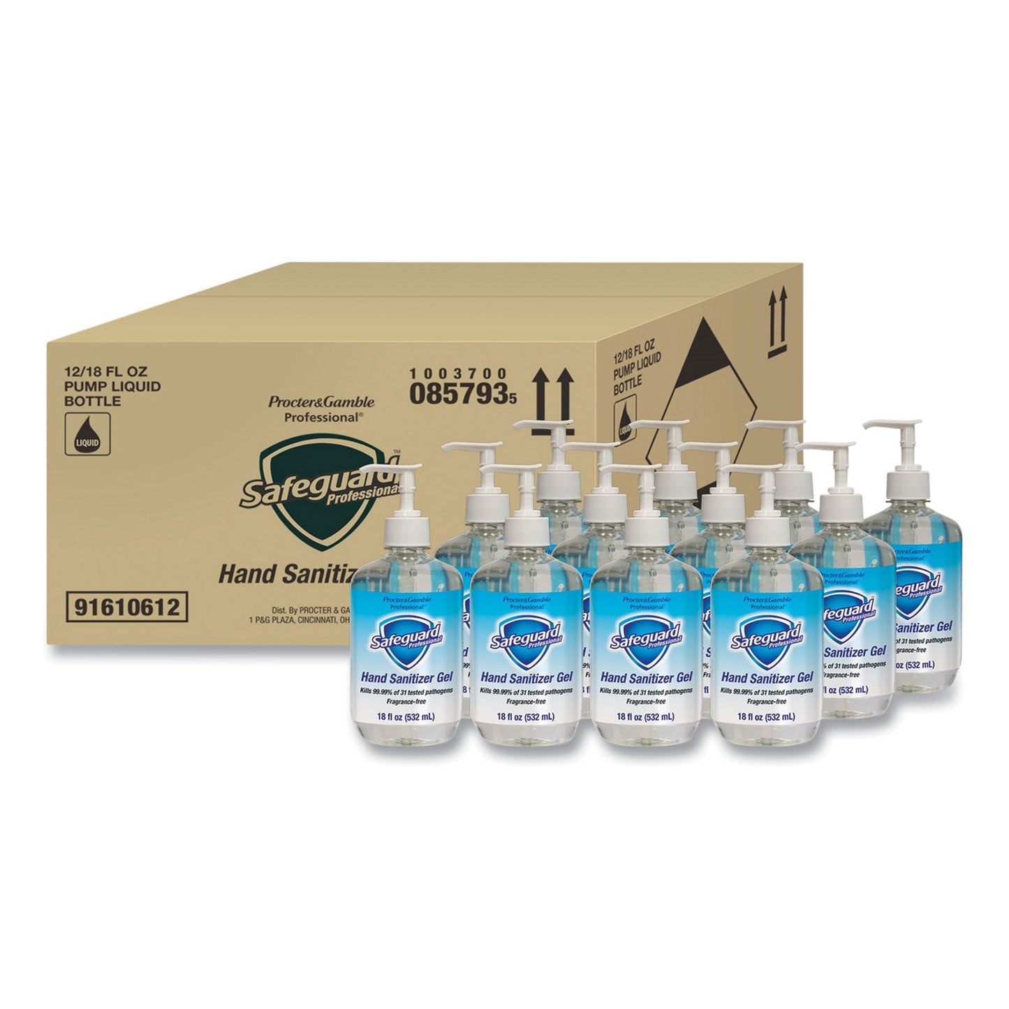 Safeguard Hand Sanitizer Gel, 18 oz Pump Bottle, Fragrance-Free, 12/Carton