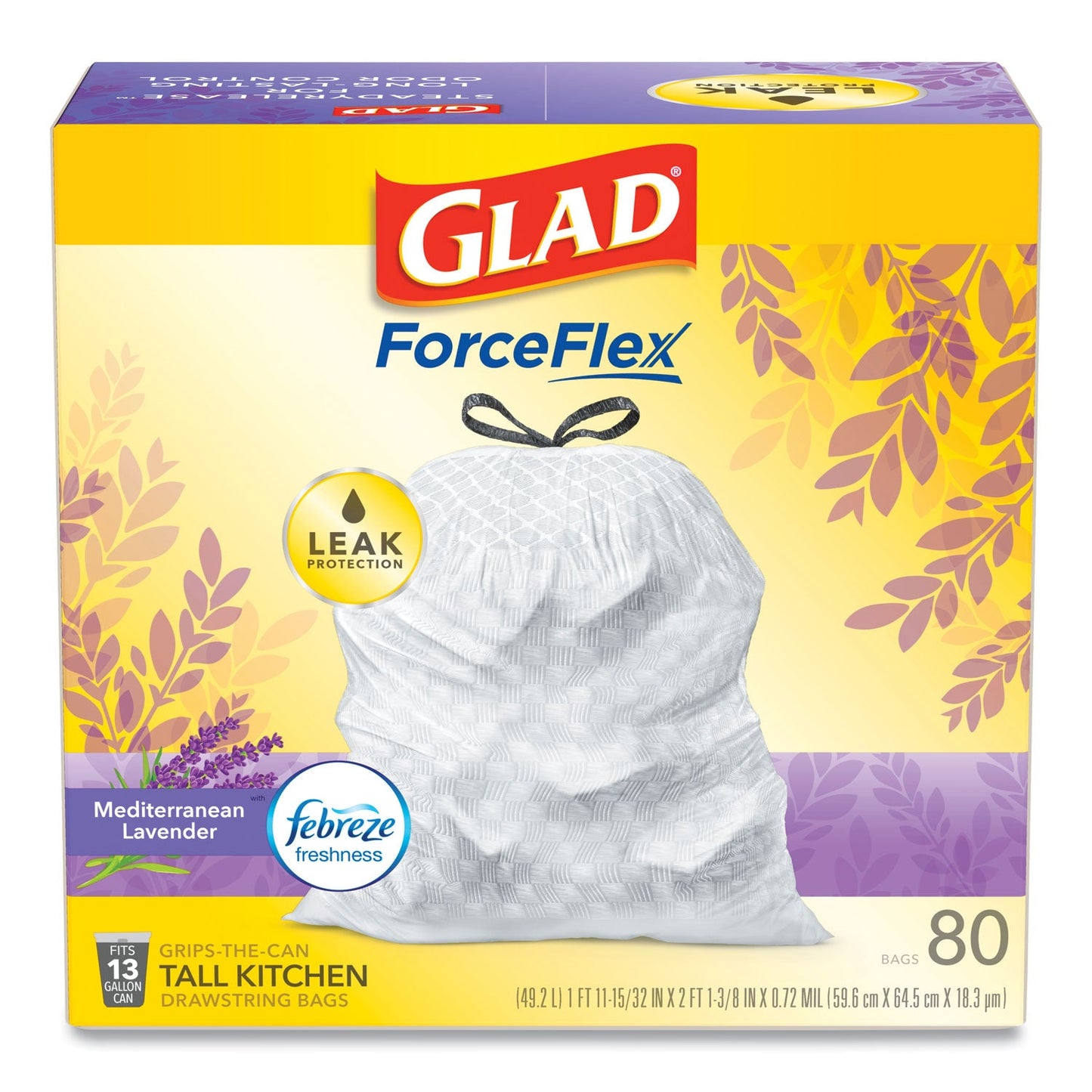Glad OdorShield Tall Kitchen Drawstring Bags, 13 gal, 0.95 mil, 24" x 27.38", White, 240/Carton