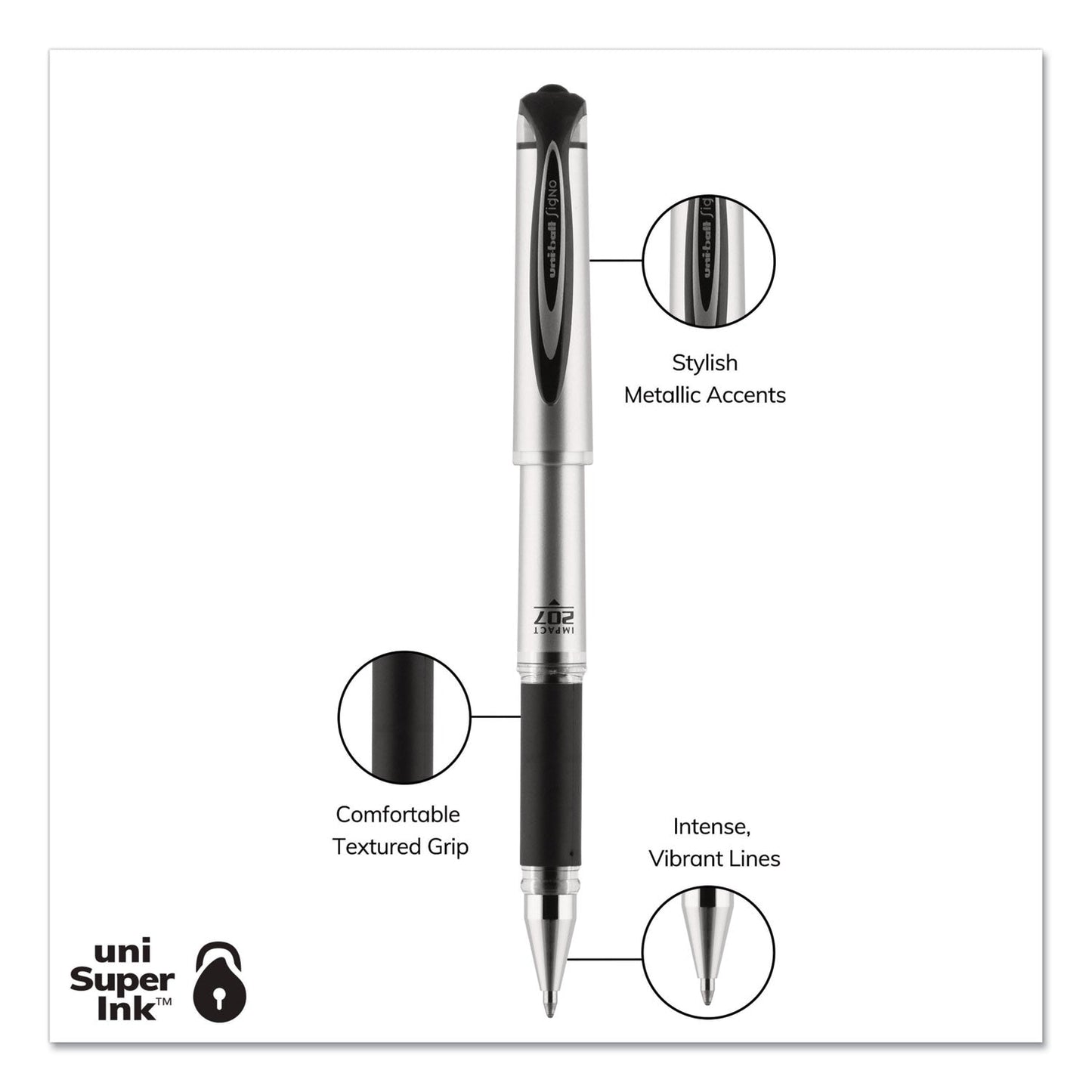 uniball 207 Impact Gel Pen, Stick, Bold 1 mm, Blue Ink, Black Barrel