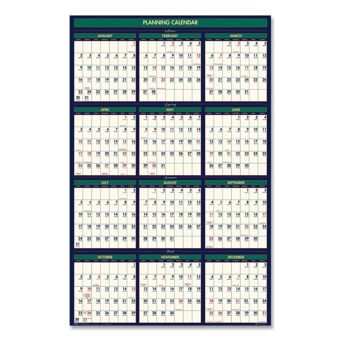 House of Doolittle Four Season Erasable Business/Academic Recycled Wall Calendar, 24 x 37, 12-Month(July-June):2022-2023, 12-Month(Jan-Dec):2023