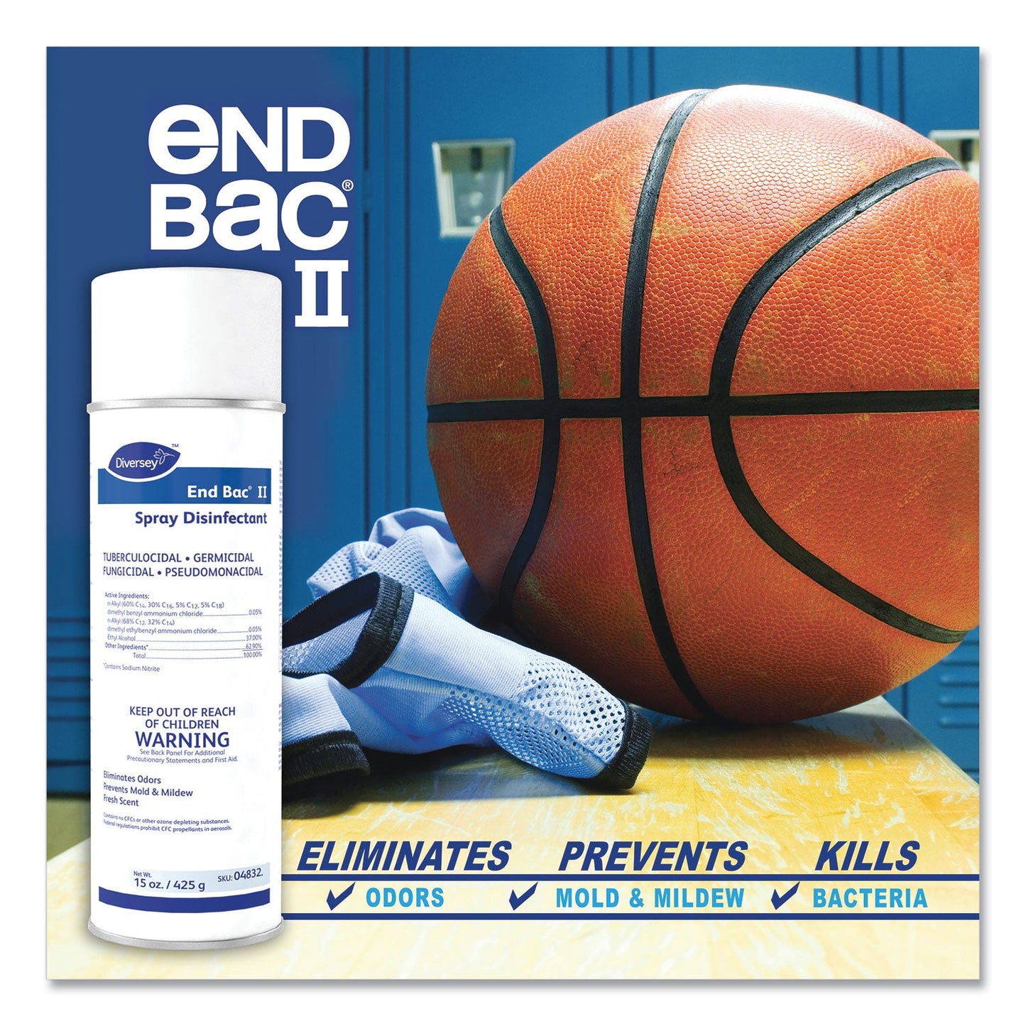 Diversey End Bac II Spray Disinfectant, Fresh Scent, 15 oz Aerosol Spray, 12/Carton