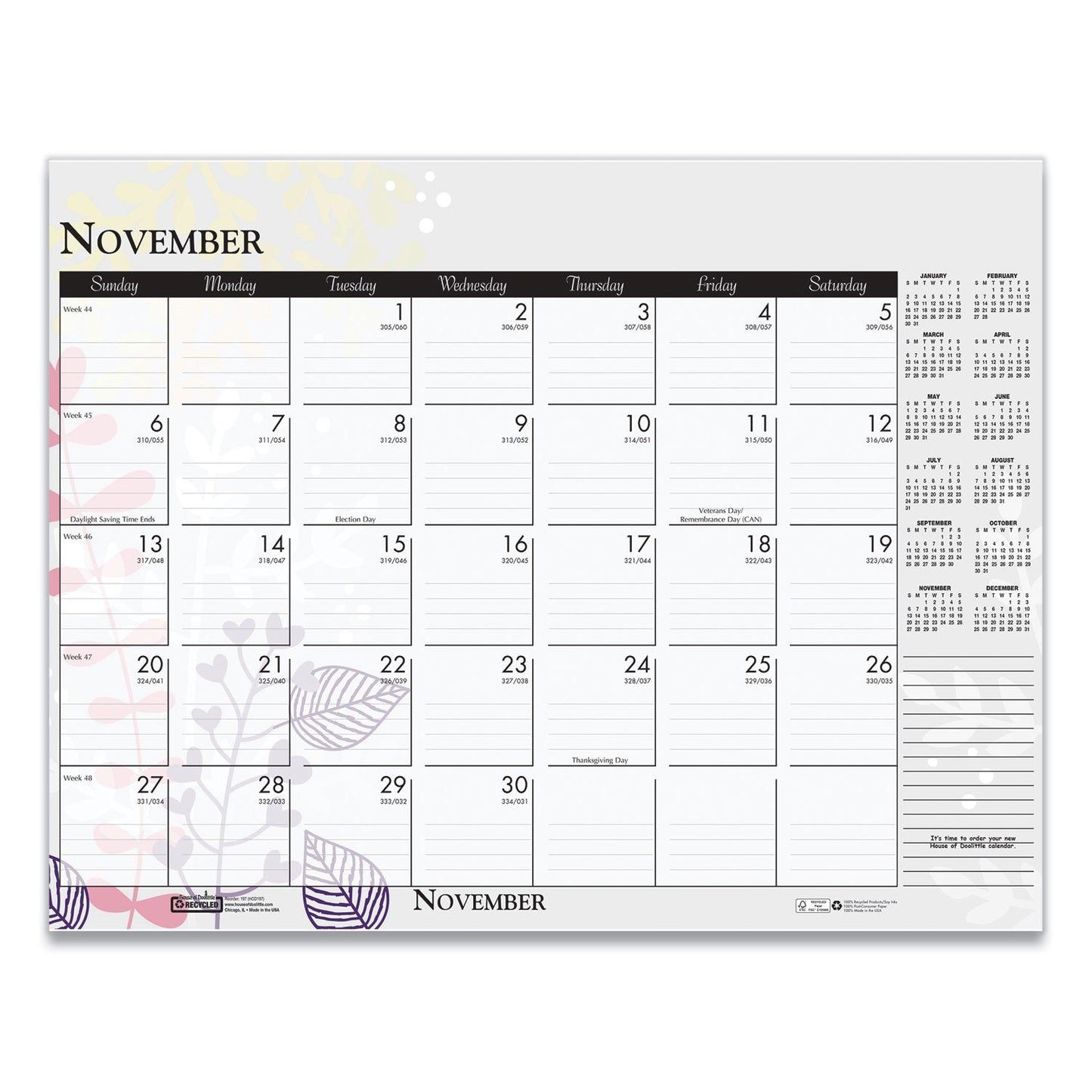 House of Doolittle Recycled Desk Pad Calendar, Wild Flowers Artwork, 22 x 17, White Sheets, Black Binding/Corners,12-Month (Jan-Dec): 2023